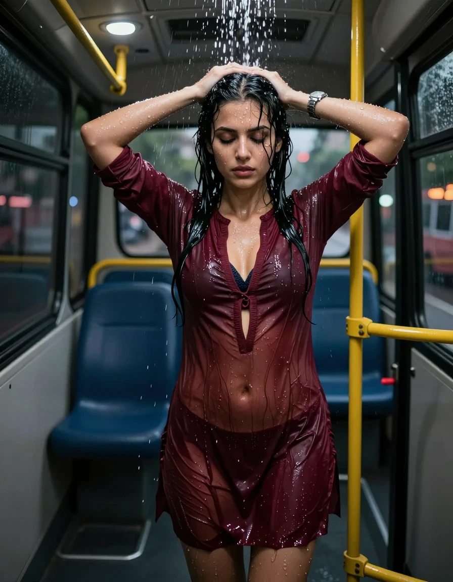 photo of young woman, in soaking wet, drenched clothes,
., , Burgundy traditional very short kurti, Bus , 
enjoying, wet clothes stuck to body,
detailed textures of the wet clothes, wet face, wet plastered hair,
wet, drenched, professional, high-quality details, full body view.
sharp focus, ultra-high pixel detail, realistic, high-quality, full colors, incredibly detailed, 4k, 8k, 16k, hyper-realistic, RAW photo, masterpiece, ultra-detailed, professionally color graded, professional photograph, A  woman standing in low floor bus, pouring water over her head . She is wearing a kurti , the fabric slightly wet . She's wearing a metal strap divers watch.Barefoot, with water droplets visible on her face, arms, and clothes. . The bus is lit with ceiling recessed warm spot lights as the only light source. Realistic photography style, high detail,, wet skin, wet clothes, damp fabric , the cloth is cut open in the middle fully exposing body and bra and panty, night dark city, wet skin, wet clothes, damp fabric