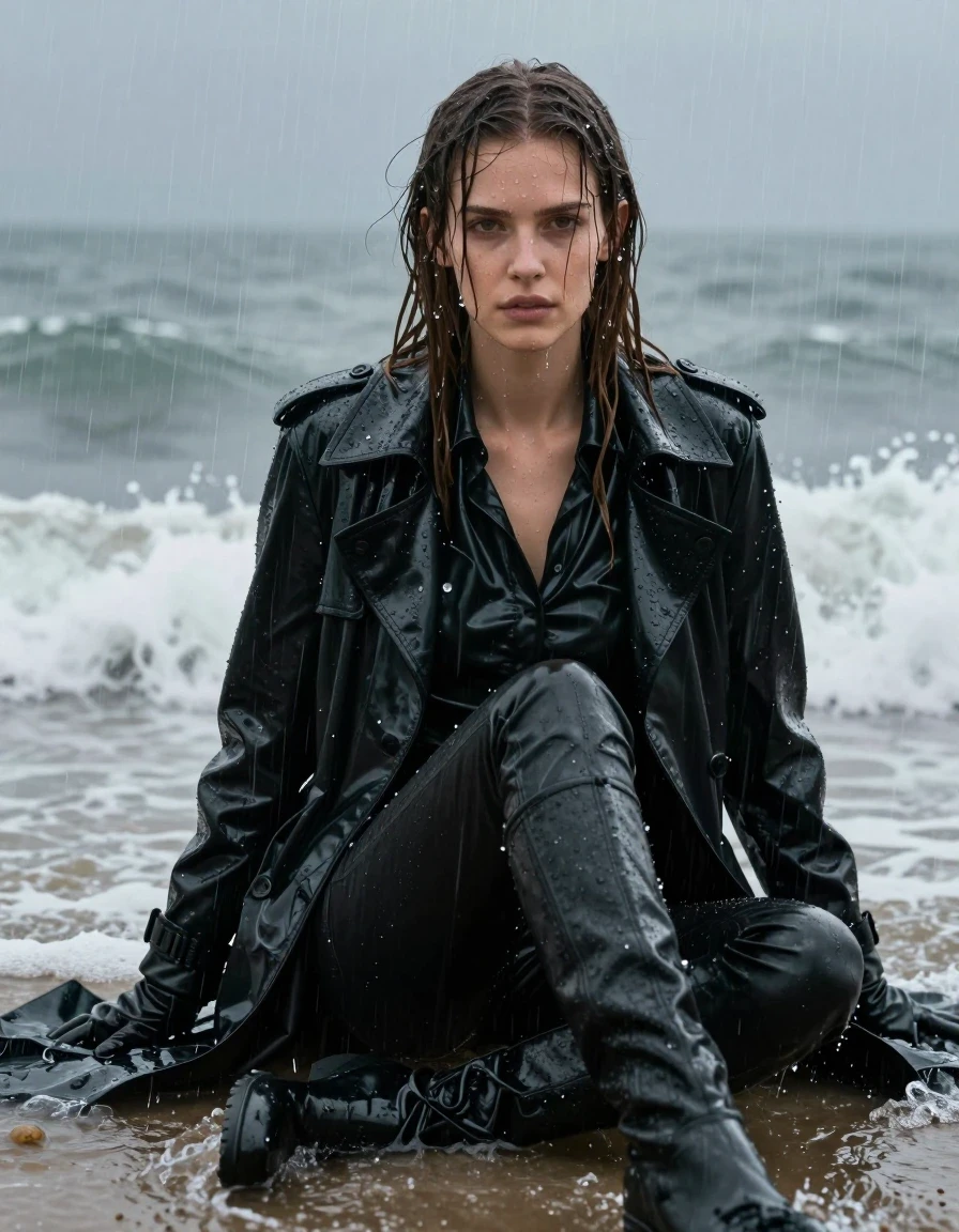 A photorealistic medium shot of a young adult European woman with long, dripping wet brown hair, sitting amidst crashing waves on a beach during a torrential downpour. She is wearing a black vinyl trench coat over an oversize black vinyl polar neck shirt, black leather jeans, and black leather knee-high boots, with leather gloves on both hands. Her skin is glistening with rainwater, and her clothes are visibly drenched, heavy, and clinging to her form. The vinyl garments exhibit high-gloss reflections and water-streaked surfaces, while the leather elements appear darkened and saturated by the heavy rain. The scene is captured with intense focus on the wet textures, water sheen, and the moody, atmospheric lighting of the storm. High-detail photographic quality, cinematic composition, realistic water droplets, and drenched fabric folds, ensuring full coverage with no nudity.