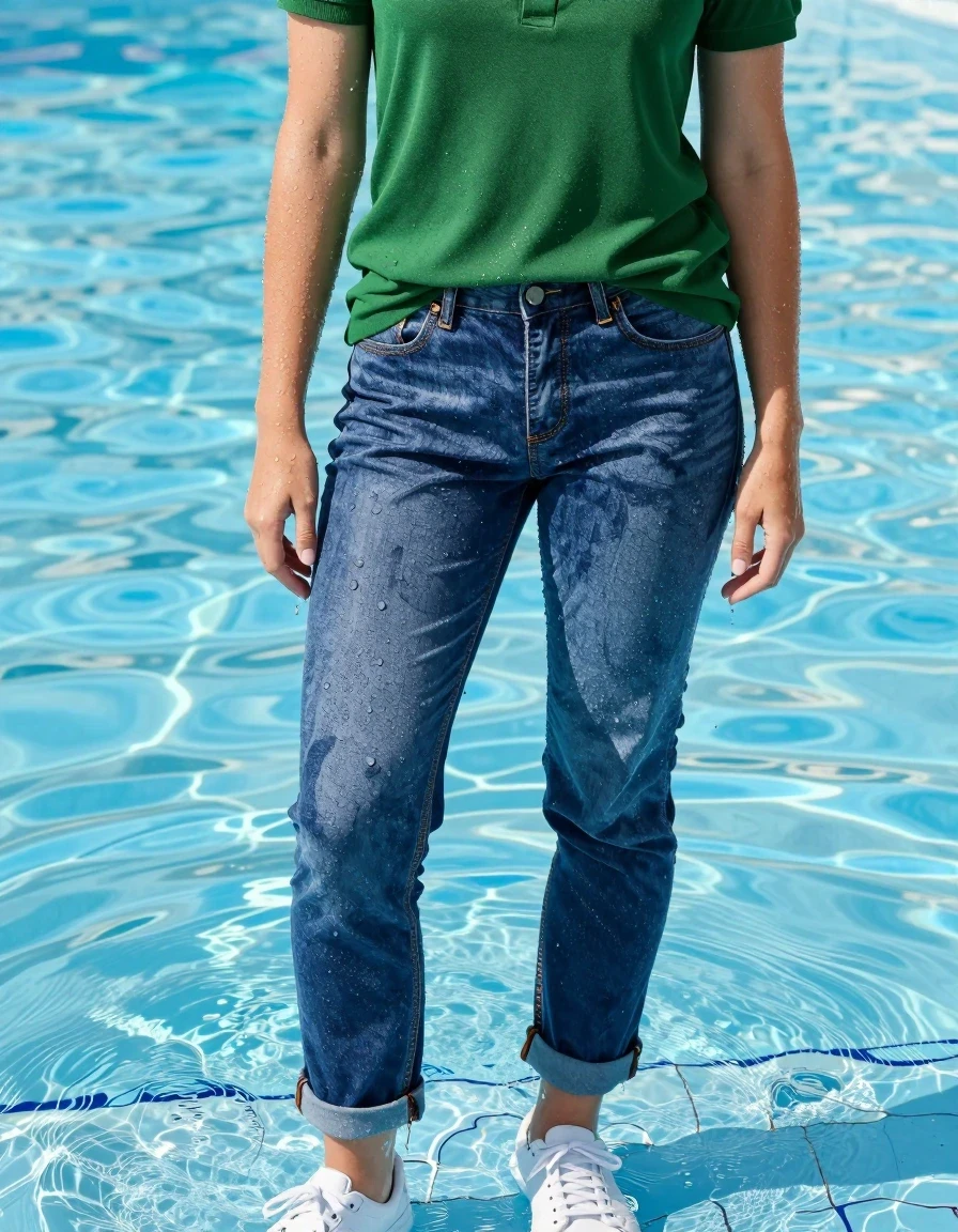 A photorealistic medium shot of a young adult European woman standing partially submerged in a sunlit swimming pool. She is wearing a green Lacoste polo shirt that is soaked through, clinging to her skin with dark, water-saturated fabric and heavy folds. Her blue jeans are soaking-wet blue denim jeans, water-saturated heavyweight denim, blue changed to deep navy and indigo, substantially darker unevenly soaked patches, absorbed water, heavy wet folds, visible weave and stitching, and strong glossy specular reflections on the raised weave, seams, and creases. She is wearing white sneakers that are waterlogged and dripping. Her hair is slicked back and wet, with water droplets cascading down her skin. The atmosphere is bright and humid, with strong sunlight creating harsh highlights and deep, reflective wet textures on the clothing and skin. The camera captures sharp details, realistic water refraction, and the heavy, clinging texture of the saturated fabrics against her body.