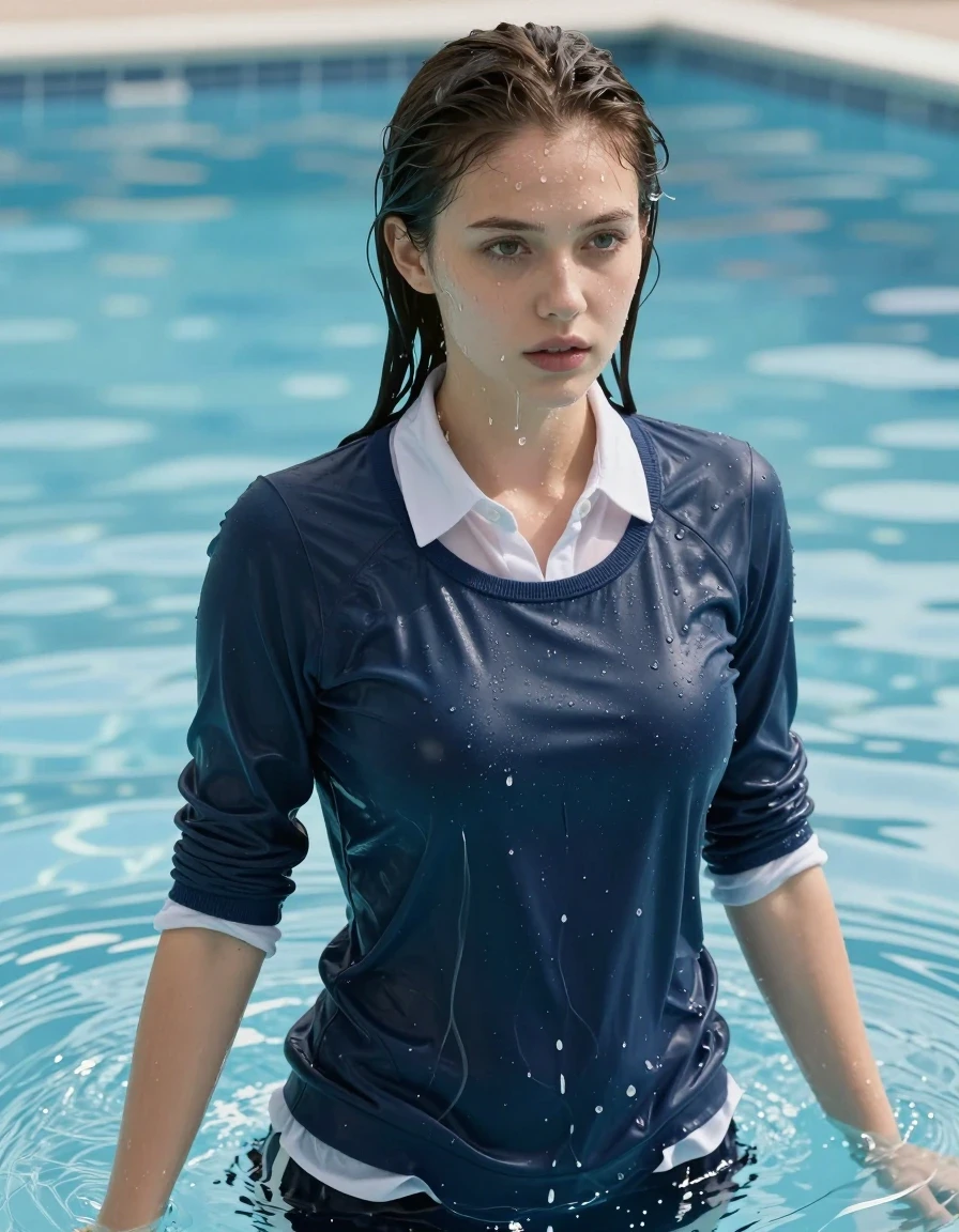 A photorealistic medium shot of a young adult European woman standing in a swimming pool, her skin and hair glistening with water droplets and a wet sheen. She is wearing a white classic shirt layered under a navy sweater, both garments completely soaked through, clinging to her body with heavy, translucent, water-saturated fabric folds and darkened tones. The fabric texture is clearly visible through the water weight. She is captured in a natural pose, water dripping from her clothes and hair, with realistic wet skin texture. The environment is a bright, sunlit outdoor pool with clear blue water and soft reflections on the surface. Cinematic lighting, shot on 35mm lens, high-resolution, sharp focus on the subject, hyper-detailed water interaction, realistic wetness, clear anatomy, high-quality photographic skin texture.
