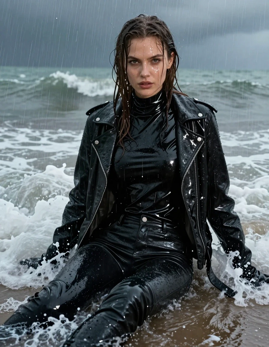 A photorealistic medium shot of a young adult European woman with long, dripping wet brown hair, captured in the midst of heavy rain at a beach. She is sitting directly in the crashing waves, her skin glistening with water and rainwater streaming down her face. She is wearing an oversize black vinyl turtleneck shirt with a high-gloss, reflective finish, layered under a wet, heavy black vinyl jacket. Her legs are clad in tight black leather jeans that appear dark, slick, and heavily saturated from the seawater. She wears black leather knee-high boots and matching leather gloves on both hands. The clothing is visibly drenched, clinging to her frame with heavy folds and intricate wet textures. The environment is dark and atmospheric, with intense rain falling into the turbulent surf, creating realistic water spray and foam. High-contrast lighting highlights the glossy sheen of the vinyl and the wet leather. The image emphasizes hyper-realistic wetness, dark soaked fabric, and detailed water reflections, ensuring no nudity is present.