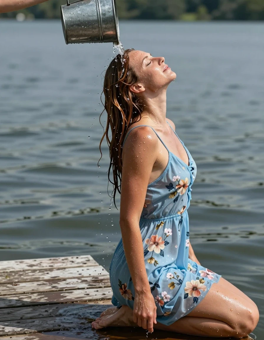 A photorealistic side-view of a mid-30s European woman with chestnut hair, standing barefoot on a weathered wooden dock at a serene lakeside. She is captured in the act of pouring a galvanized-metal bucket of water directly over the crown of her head. Her chestnut hair is completely drenched, saturated, and slicked back, with water cascading over her face and neck. She wears a light blue floral spaghetti strap summer dress that is visibly soaked through, clinging to her skin with heavy wet folds, darker fabric saturation, and strong water sheen where the material absorbs the liquid. Her expression shows her head tilted back slightly, eyes closed in refreshment. The lighting is natural daylight, emphasizing the glistening droplets on her skin and the high-contrast wetness of the fabric. High-resolution, 8k, cinematic lighting, hyper-detailed skin texture, realistic water physics, sharp focus on the splashing water and wet hair, professional photography, depth of field.