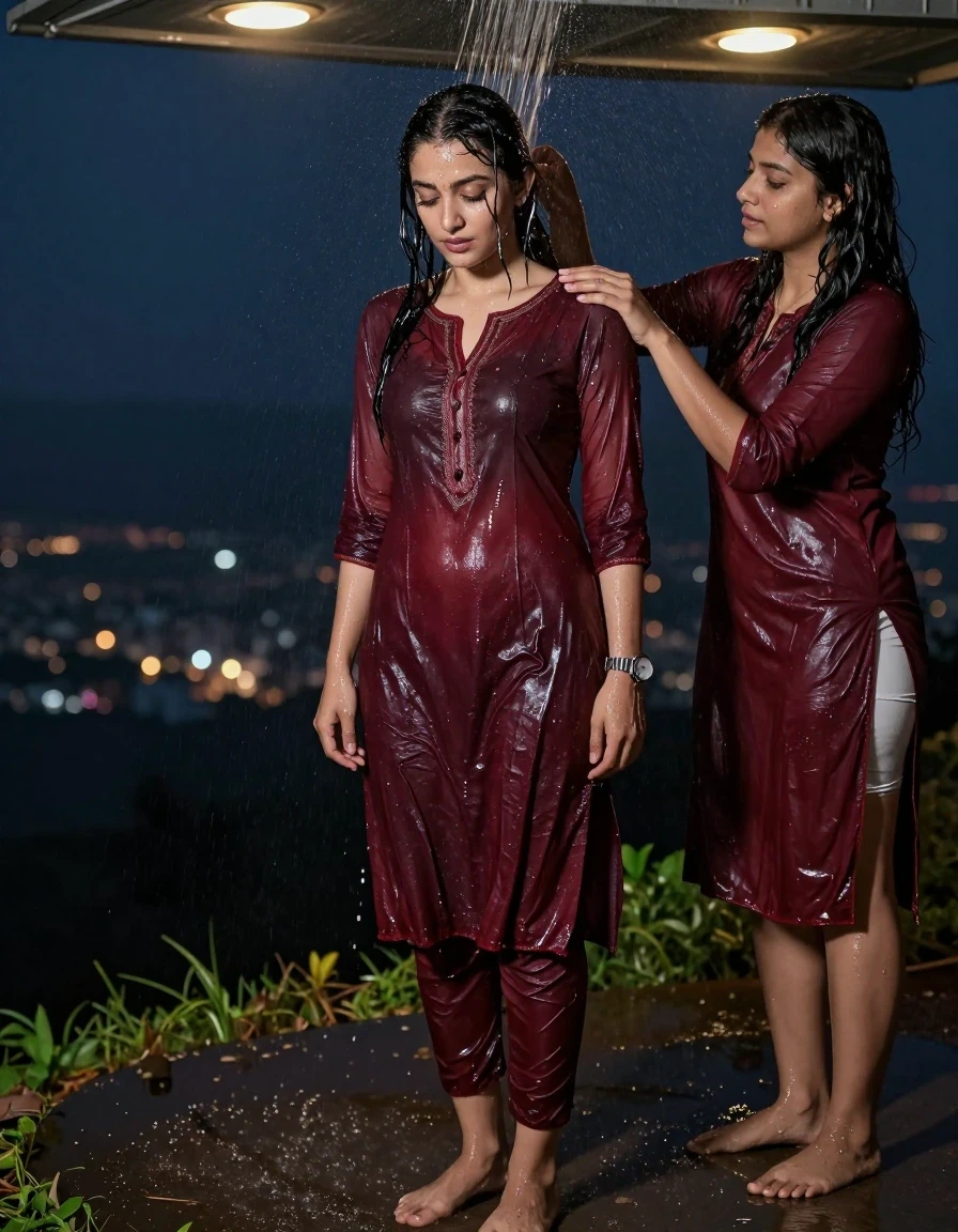 photo of young woman, in soaking wet, drenched clothes,
., Panty, Burgundy traditional kurti , Hill top,both women seductive , 
enjoying, wet clothes stuck to body,
detailed textures of the wet clothes, wet face, wet plastered hair,
wet, drenched, professional, high-quality details, full body view.
sharp focus, ultra-high pixel detail, realistic, high-quality, full colors, incredibly detailed, 4k, 8k, 16k, hyper-realistic, RAW photo, masterpiece, ultra-detailed, professionally color graded, professional photograph, A  woman standing in hilltop , getting water sprayed by another women named lexxis over her . She is wearing a kurti , the fabric slightly wet . She's wearing a metal strap divers watch.Barefoot, with water  The area lit with ceiling recessed warm spot lights as the only light source. Realistic photography style, high detail,, wet skin, damp fabric , the cloth is cut open in the middle, night dark city, wet skin, wet clothes, damp fabric
