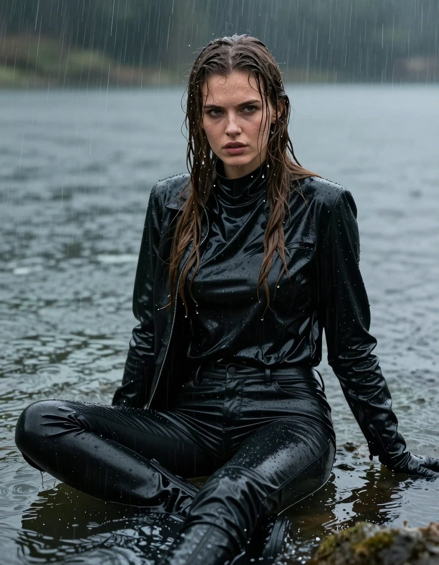 A photorealistic portrait of a young adult European woman with long, dripping wet brown hair, sitting partially submerged in a lake during heavy rain. Her skin is glistening with water, and her expression is focused. She is wearing an oversize black vinyl polar neck shirt, a black vinyl jacket, and black leather jeans that cling to her legs, showing heavy wet folds and a high-gloss sheen. She wears black leather gloves on both hands and black leather knee-high boots. The entire scene is drenched, with the fabric of her clothes saturated and clinging to her body. The atmosphere is moody and cinematic, captured with high-detail textures, water droplets cascading down her face and clothing, and intense specular reflections from the rain and lake water. The lighting is natural but dramatic, highlighting the wet textures and the dark, moody environment of the lake. High-resolution, crisp focus, professional photography, fully clothed, modest attire.