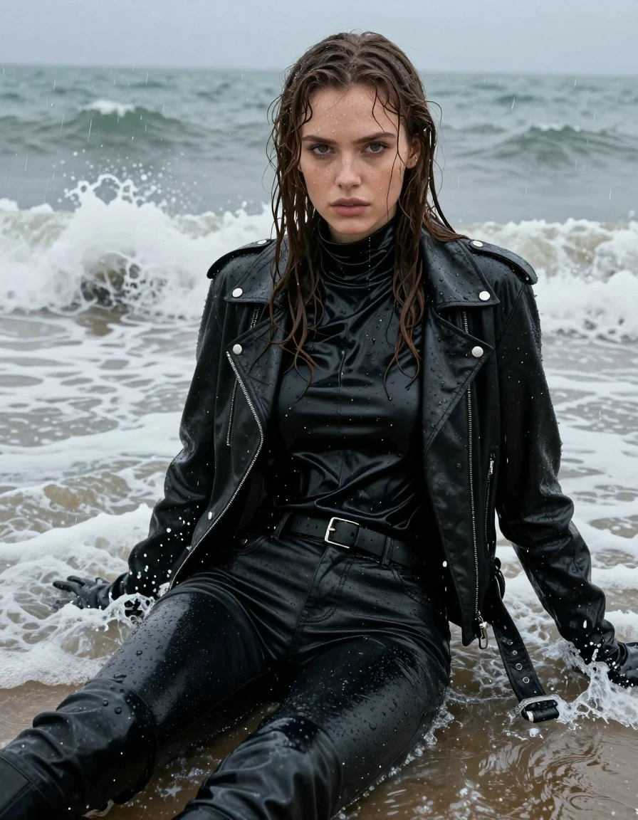 A photorealistic portrait of a young adult European woman with long, dripping wet brown hair, sitting in the crashing waves at the beach during a heavy rainstorm. She is wearing an oversize black vinyl turtleneck shirt layered under a black vinyl jacket, black leather jeans, black leather knee-high boots, and black leather gloves on both hands. Her skin is glistening with rain and sea spray, with clothes appearing heavy, dark, and drenched, clinging to her form with realistic damp fabric texture. The scene is captured in a high-detail cinematic style with water sheen, visible water droplets, and intense specular reflections on the wet vinyl and leather surfaces. The lighting is moody and overcast, emphasizing the saturated, deep black tones of her outfit against the churning, foamy ocean water. The composition is a medium shot focusing on her, with sharp focus on her wet hair and the textures of her soaked clothing, ensuring clean, fully clothed anatomy throughout the image.