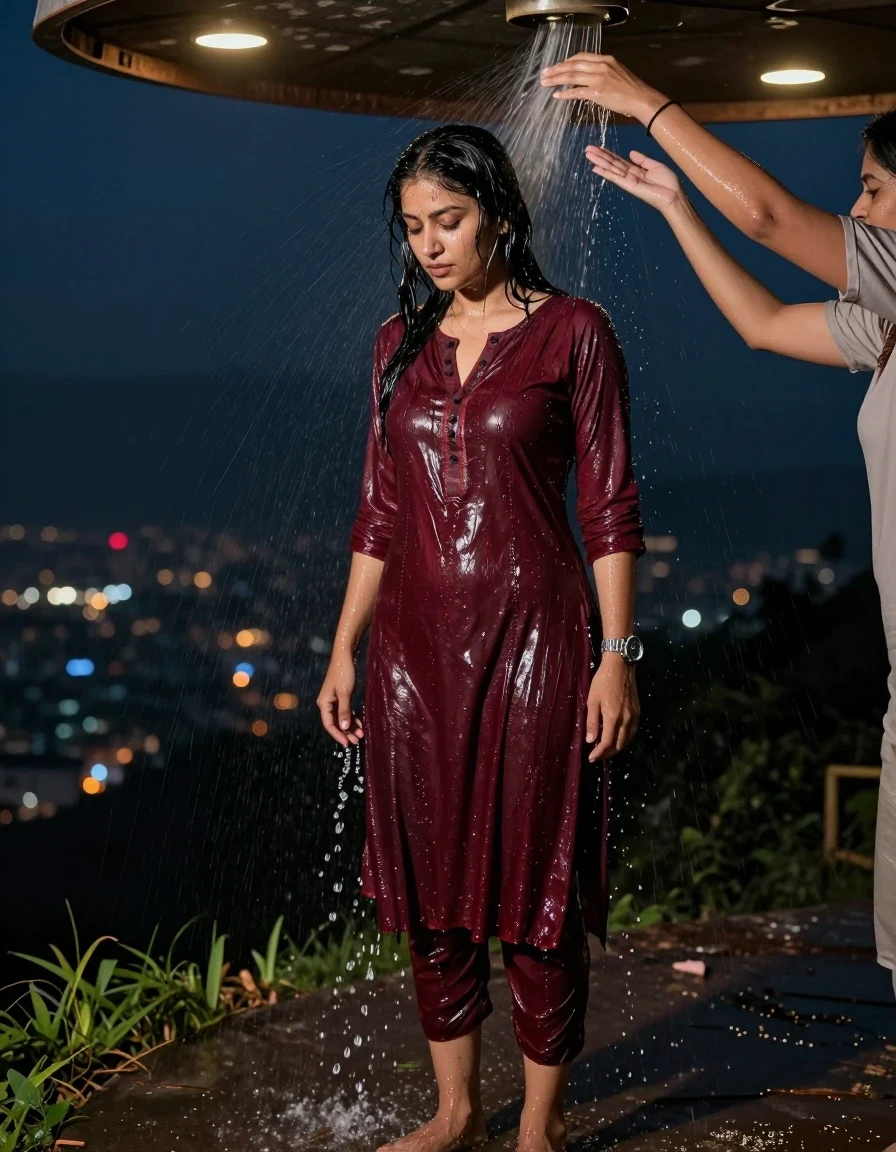 photo of young woman, in soaking wet, drenched clothes,
., Panty, Burgundy traditional kurti , Hill top, 
enjoying, wet clothes stuck to body,
detailed textures of the wet clothes, wet face, wet plastered hair,
wet, drenched, professional, high-quality details, full body view.
sharp focus, ultra-high pixel detail, realistic, high-quality, full colors, incredibly detailed, 4k, 8k, 16k, hyper-realistic, RAW photo, masterpiece, ultra-detailed, professionally color graded, professional photograph, A  woman standing in hilltop , getting water sprayed by another women named lexxis over her . She is wearing a kurti , the fabric slightly wet . She's wearing a metal strap divers watch.Barefoot, with water  The area lit with ceiling recessed warm spot lights as the only light source. Realistic photography style, high detail,, wet skin, damp fabric , the cloth is cut open in the middle, night dark city, wet skin, wet clothes, damp fabric