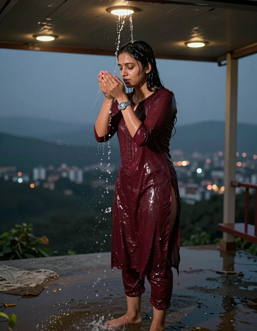 photo of young woman, in soaking wet, drenched clothes,
., Panty, Burgundy traditional kurti , Hill top, 
enjoying, wet clothes stuck to body,
detailed textures of the wet clothes, wet face, wet plastered hair,
wet, drenched, professional, high-quality details, full body view.
sharp focus, ultra-high pixel detail, realistic, high-quality, full colors, incredibly detailed, 4k, 8k, 16k, hyper-realistic, RAW photo, masterpiece, ultra-detailed, professionally color graded, professional photograph, A  woman standing in hilltop , getting water poured by another female over her . She is wearing a kurti , the fabric slightly wet . She's wearing a metal strap divers watch.Barefoot, with water  The area lit with ceiling recessed warm spot lights as the only light source. Realistic photography style, high detail,, wet skin, damp fabric , the cloth is cut open in the middle, night dark city, wet skin, wet clothes, damp fabric