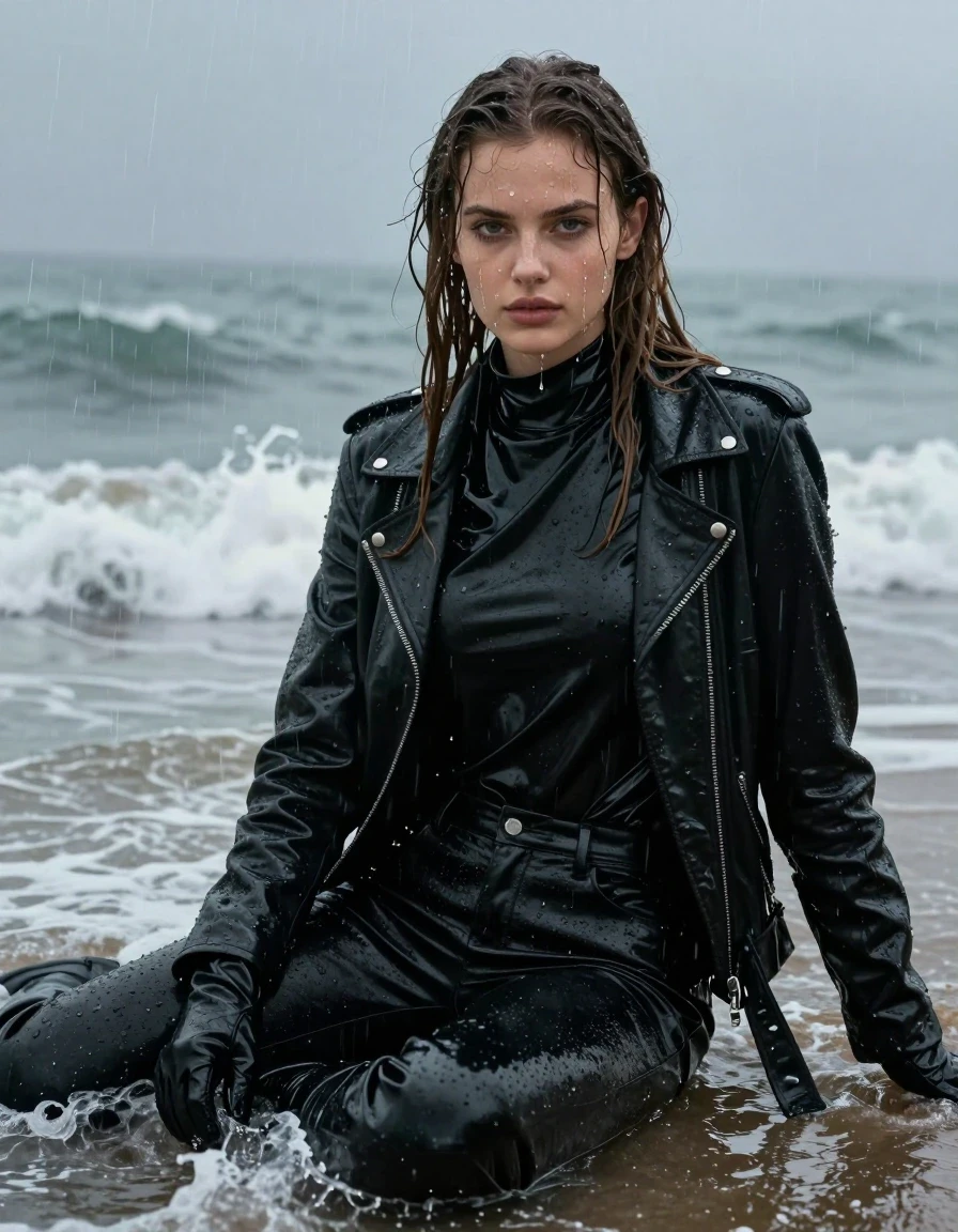 A photorealistic portrait of a young European woman with long, dripping wet brown hair, captured in a cinematic beach setting during a heavy rainstorm. She is sitting directly in the crashing ocean waves, her skin glistening with water and rainwater streaming down her face. She is wearing an oversize black vinyl turtleneck shirt layered under a black vinyl jacket, paired with black leather jeans that cling to her legs, black leather knee-high boots, and black leather gloves on both hands. The clothing is completely drenched, showing heavy wet folds, water-saturated textures, and a high-gloss sheen from the vinyl and leather surfaces. The atmosphere is moody and dark, with heavy rain creating a blurred, misty environment. The composition is a medium shot focusing on the texture of the wet fabrics and the glistening skin, with sharp focus on the water droplets and the interplay of light on the slick materials. High-contrast, natural lighting, professional photography, 8k resolution, intricate detail, fully clothed, no nudity.