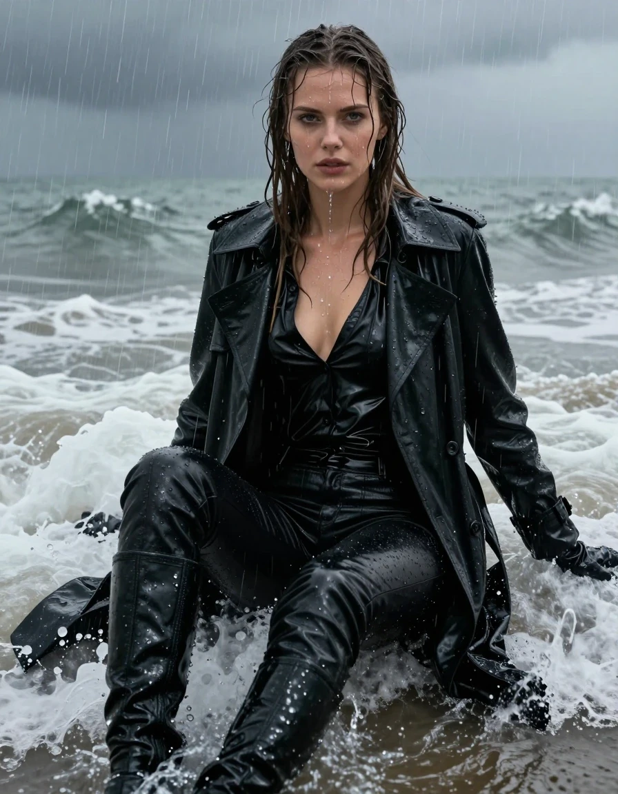 A photorealistic portrait of a young adult European woman with long, dripping wet brown hair, sitting in the crashing waves at a beach during heavy rain. She is wearing an oversize black vinyl polar neck shirt, a black vinyl trench coat, black leather jeans, black leather knee-high boots, and black leather gloves on both hands. The woman's skin is glistening and drenched, with water cascading down her face and limbs. Her clothing is heavily soaked, with the vinyl garments displaying a high-gloss, reflective sheen and water rivulets, while the leather jeans appear heavy, dark, and saturated with water, clinging to her legs with visible folds and deep, glossy highlights. The atmosphere is dark and stormy, with intense rain textures, splashing water, and a moody, cinematic environment. High-detail photography, sharp focus on skin textures and wet fabric, realistic water physics, dramatic lighting reflecting off wet surfaces, fully clothed, non-nude, modest attire.