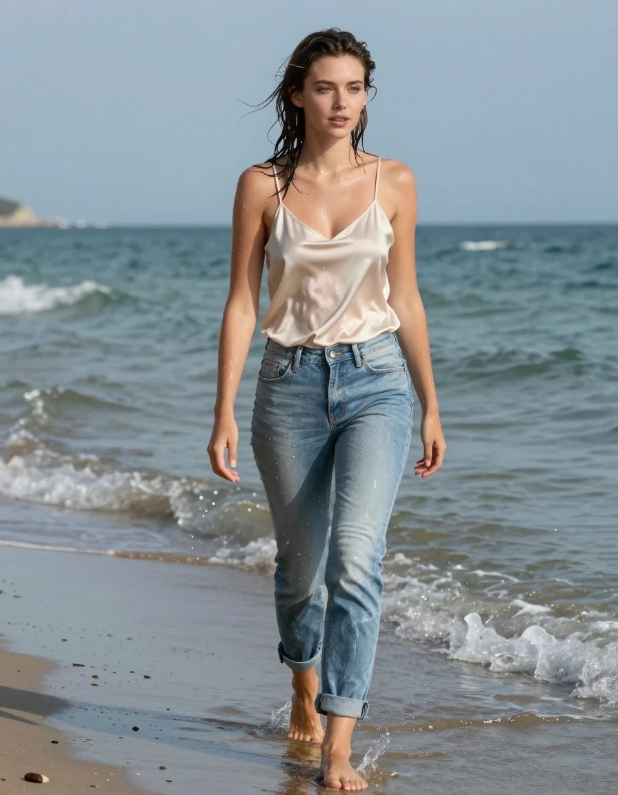 photo of young woman, in soaking wet, drenched clothes,
bare feet, Light blue jeans, silk cameo top, Beach, 
enjoying, wet clothes stuck to body,
detailed textures of the wet clothes, wet face, wet plastered hair,
wet, drenched, professional, high-quality details, full body view.
sharp focus, ultra-high pixel detail, realistic, high-quality, full colors, incredibly detailed, 4k, 8k, 16k, hyper-realistic, RAW photo, masterpiece, ultra-detailed, professionally color graded, professional photograph, Slowly walking along waters edge going a little deeper slowly, wet skin, wet clothes, damp fabric