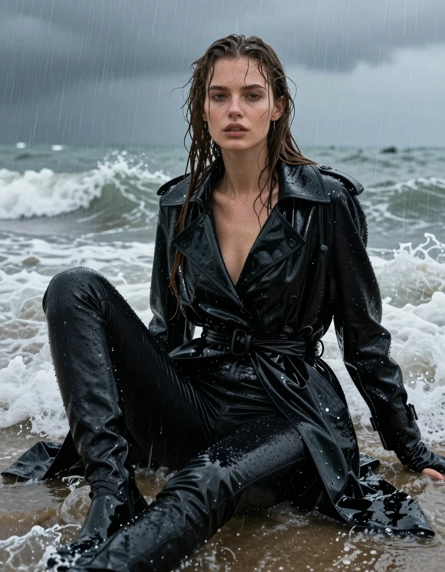 A photorealistic portrait of a young adult European woman with long, dripping wet brown hair, sitting amidst crashing waves on a beach during a heavy rainstorm. She is wearing an oversize black vinyl polar neck shirt, a black vinyl trench coat, black leather jeans, black leather knee-high boots, and leather gloves on both hands. Her skin is glistening with rain, and her clothing is heavily drenched, exhibiting realistic weight, deep folds, and a high-gloss water sheen. The black vinyl garments reflect the dim, moody light of the storm, while the wet skin and hair appear slick and saturated. The scene is captured with high-detail textures, emphasizing the clinging fabric and the heavy, saturated state of the materials. No nudity, clean anatomy, realistic proportions, sharp focus on the subject, dramatic atmospheric lighting, cinematic composition, 8k resolution, highly detailed wet textures.