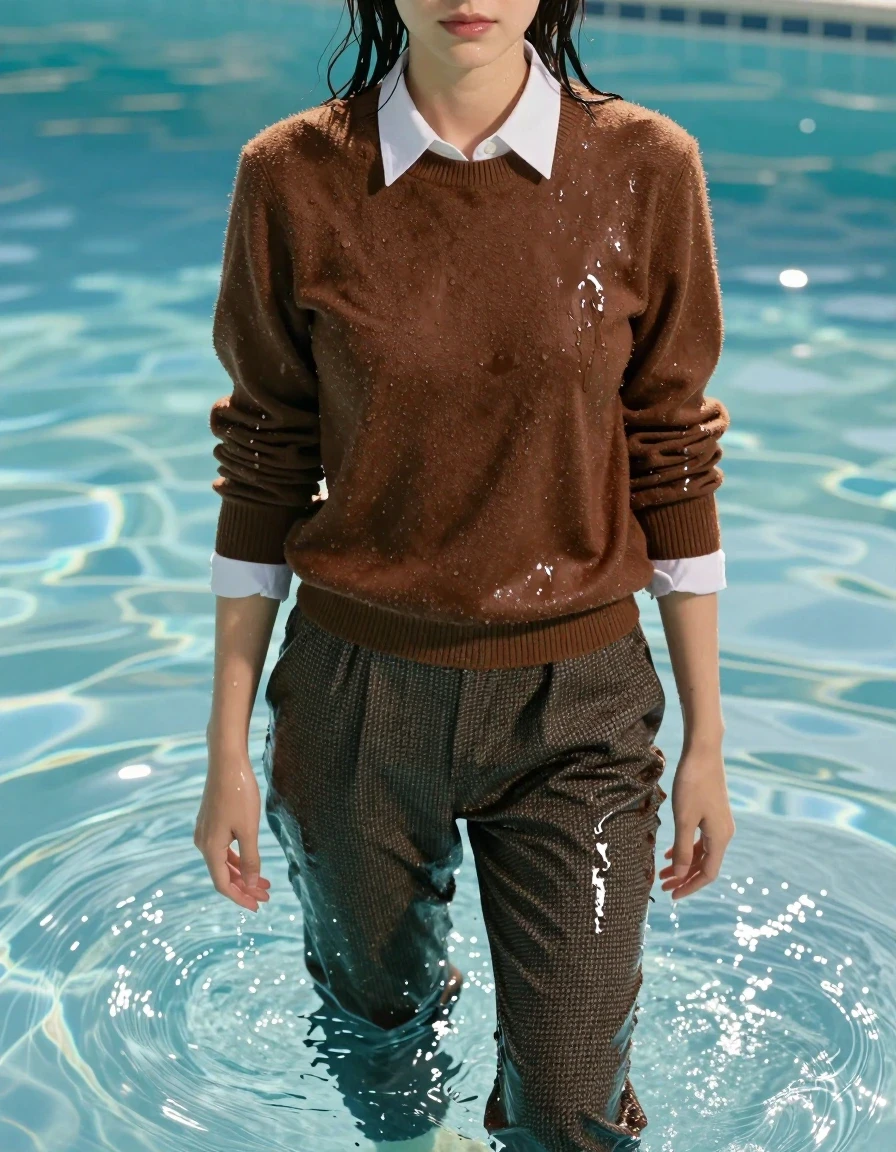 A photorealistic full-body shot of a young adult European woman standing in a shallow swimming pool, her skin and hair glistening with water, soaked and dripping. She is wearing classic tweed pants that are heavily saturated with water, the fabric darkened, clinging to her legs with heavy, water-logged folds and visible texture. She wears a white classic shirt with the collar totally closed, layered under a thick brown wool sweater that is water-heavy, darkened in color, and matted with moisture. The clothing exhibits realistic wetness, with darker patches where the water has fully absorbed, visible weight, and water-induced sheen. The setting is a bright, sunlit pool with clear water, creating strong specular highlights and reflections on the wet surfaces. The camera captures her in a natural, candid pose, with sharp focus on the textures of the wet wool and tweed, cinematic lighting, 8k resolution, highly detailed skin pores and water droplets.
