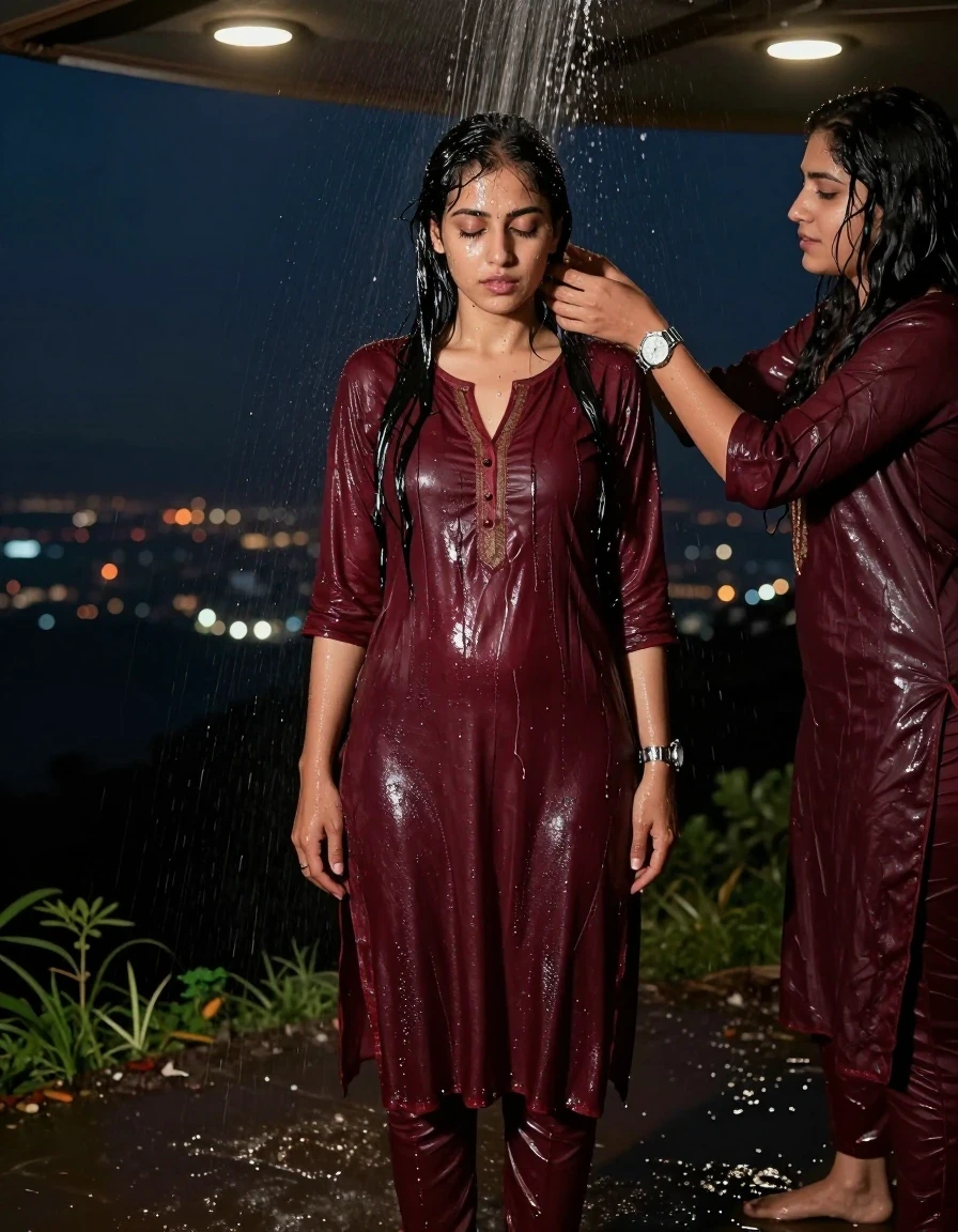 photo of young woman, in soaking wet, drenched clothes,
., Panty, Burgundy traditional kurti , Hill top,both women seductive , 
enjoying, wet clothes stuck to body,
detailed textures of the wet clothes, wet face, wet plastered hair,
wet, drenched, professional, high-quality details, full body view.
sharp focus, ultra-high pixel detail, realistic, high-quality, full colors, incredibly detailed, 4k, 8k, 16k, hyper-realistic, RAW photo, masterpiece, ultra-detailed, professionally color graded, professional photograph, A  woman standing in hilltop , getting water sprayed by another women named lexxis over her . She is wearing a kurti , the fabric slightly wet . She's wearing a metal strap divers watch.Barefoot, with water  The area lit with ceiling recessed warm spot lights as the only light source. Realistic photography style, high detail,, wet skin, damp fabric , the cloth is cut open in the middle, night dark city, wet skin, wet clothes, damp fabric