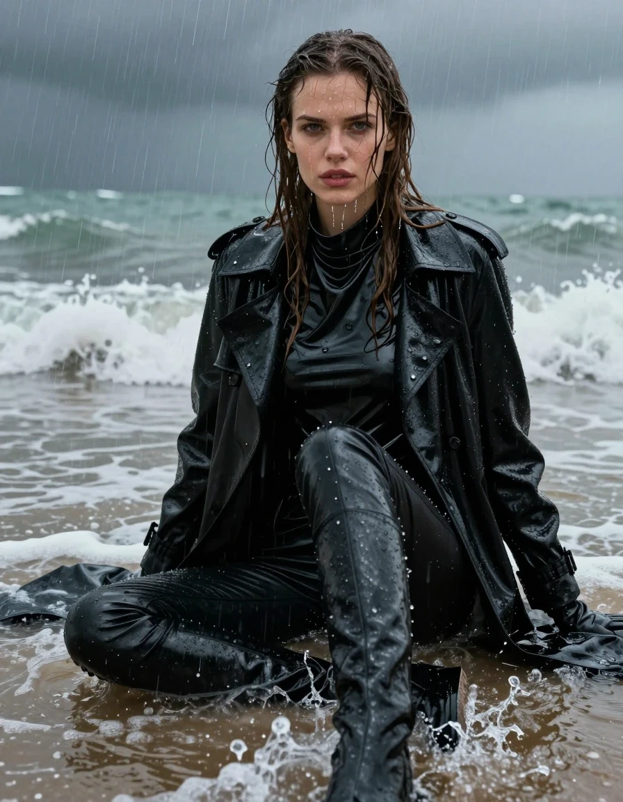 A photorealistic portrait of a young adult European woman with long, dripping wet brown hair, sitting in the shallow surf of a beach during a heavy rainstorm. She is completely drenched, with glistening wet skin and water cascading down her face and body. She wears an oversized black vinyl polar neck shirt that clings to her frame with high-gloss reflections, layered under a long, heavy, soaking-wet black vinyl trench coat. Her legs are clad in black leather jeans, showing a deep sheen and heavy wet folds. She wears black leather knee-high boots and matching leather gloves on both hands. The environment is dark and atmospheric, with heavy rain falling, turbulent ocean waves washing over her, and the fabric of her clothing appearing dark and saturated with water. Hyper-detailed textures, realistic water droplets, high-contrast lighting, cinematic composition, sharp focus on the subject, no nudity, professional photography.