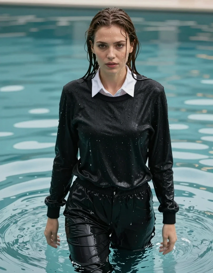 A photorealistic medium shot of a young adult European woman standing in a pool, her skin and hair glistening with water, soaked through and dripping. She is wearing a white classic shirt layered under a black wool sweater, the fabrics heavy, clinging to her frame, and darkened by deep saturation from the water. Her classic black pants are completely drenched, clinging to her legs with heavy, water-logged folds and visible fabric texture. The scene is set in a pool with clear, rippling water reflecting the environment. Natural, soft daylight highlights the water droplets on her skin and the glossy, wet sheen on her saturated clothing. Sharp focus, 8k resolution, cinematic lighting, highly detailed textures, realistic water physics, wet hair strands plastered to her face, candid expression.