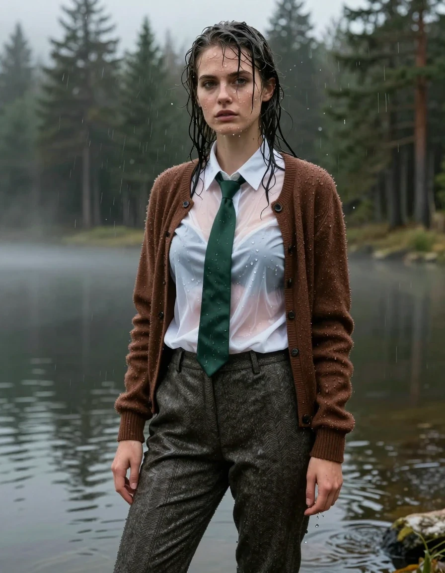 A photorealistic full-body portrait of a young adult European woman standing by a misty forest lake, her entire form drenched and dripping with lake water. Her skin is glistening with a heavy water sheen, and her hair is plastered to her head and shoulders in dark, wet strands. She is wearing classic tweed pants that are soaking-wet, with the fabric darkened to a deep charcoal, heavy with water, clinging to her legs with deep, realistic folds and visible wet texture. Over her torso, a white classic shirt is completely translucent and saturated, clinging to her skin, worn under a brown wool sweater that has turned a deep, dark espresso color, heavy with water, with visible wool fibers and thick, sodden layers. A dark green tie is soaked and limp against the wet shirt. The atmosphere is damp and cool, with soft, diffused overcast light reflecting off the wet surfaces of her clothing and skin. The camera captures her in a natural, candid stance, with the serene, dark water of the forest lake and towering pine trees blurred in the soft-focus background. High-resolution photographic detail, cinematic lighting, hyper-realistic wet-look textures, sharp focus on the water-saturated fabric and droplets.