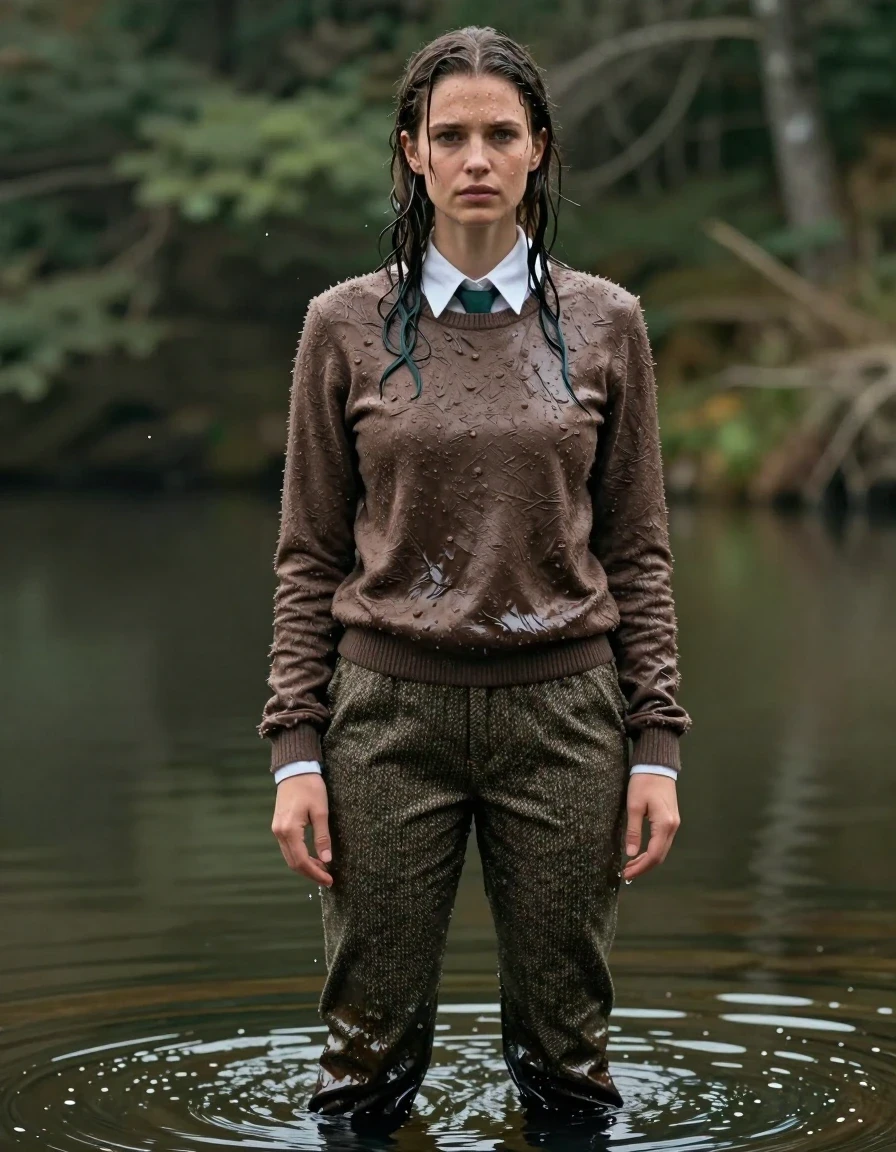 A photorealistic full-body portrait of a young adult European woman standing in a serene forest lake. She is soaking wet, with water-drenched skin and hair that clings to her face and shoulders, creating a realistic wet sheen. She wears classic tweed pants that are heavy, water-saturated, and clinging to her legs, with darkened fabric tones, deep wet folds, and visible texture. Over a white classic shirt with a dark green tie, she wears a brown wool sweater that is completely drenched, heavy with absorbed water, and showing darkened, matted fibers. The lighting is natural, diffused daylight filtering through forest trees, casting soft highlights on the water-slicked surfaces of her clothes and skin. The atmosphere is damp and realistic, capturing the weight and texture of soaked textiles. High-resolution, cinematic composition, 8k, sharp focus on fabric textures and water reflections.