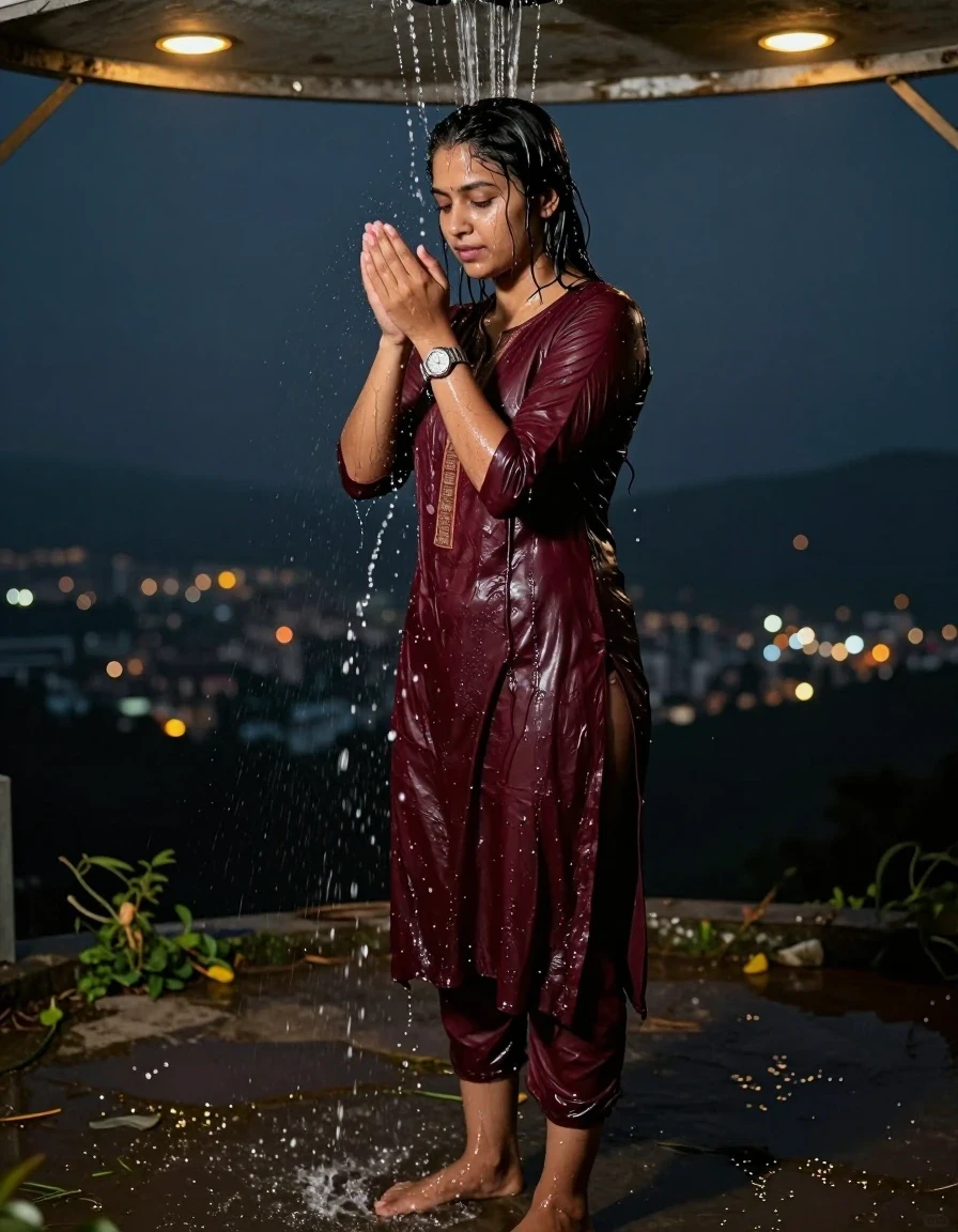 photo of young woman, in soaking wet, drenched clothes,
., Panty, Burgundy traditional kurti , Hill top, 
enjoying, wet clothes stuck to body,
detailed textures of the wet clothes, wet face, wet plastered hair,
wet, drenched, professional, high-quality details, full body view.
sharp focus, ultra-high pixel detail, realistic, high-quality, full colors, incredibly detailed, 4k, 8k, 16k, hyper-realistic, RAW photo, masterpiece, ultra-detailed, professionally color graded, professional photograph, A  woman standing in hilltop , getting water poured by a masseuse female over her . She is wearing a kurti , the fabric slightly wet . She's wearing a metal strap divers watch.Barefoot, with water  The area lit with ceiling recessed warm spot lights as the only light source. Realistic photography style, high detail,, wet skin, damp fabric , the cloth is cut open in the middle, night dark city, wet skin, wet clothes, damp fabric