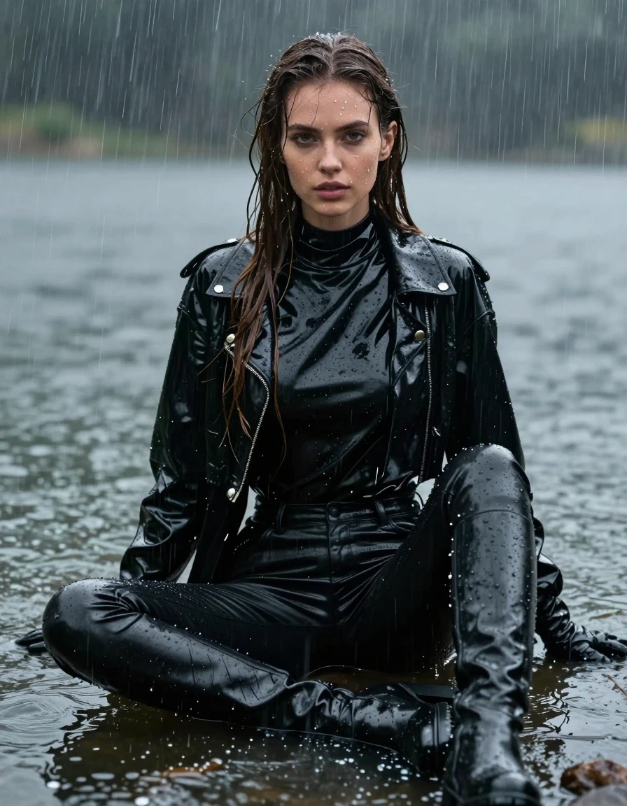 A hyper-realistic full-body shot of a young adult European woman with long, dripping wet brown hair, sitting in the middle of a shallow lake during a torrential downpour. She is wearing a high-neck oversize black vinyl shirt layered under a glossy black vinyl jacket, with black leather gloves on her hands, and tight black leather jeans tucked into black leather knee-high boots. The entire ensemble is thoroughly drenched, with the leather and vinyl surfaces covered in heavy water sheen, glistening highlights, and rivulets of rainwater. Her skin is visibly wet and dewy, with water droplets clinging to her face and arms. The clothing is heavy with moisture, showing deep folds, clinging textures, and intense specular reflections from the ambient light hitting the wet surfaces. The atmosphere is dark and moody, with heavy rain creating a blurred, misty environment. High-detail photography, 8k resolution, sharp focus on the textures of the wet fabrics and skin, cinematic lighting emphasizing the high-gloss wetlook, no nudity, clean anatomy, fully clothed, realistic water physics.