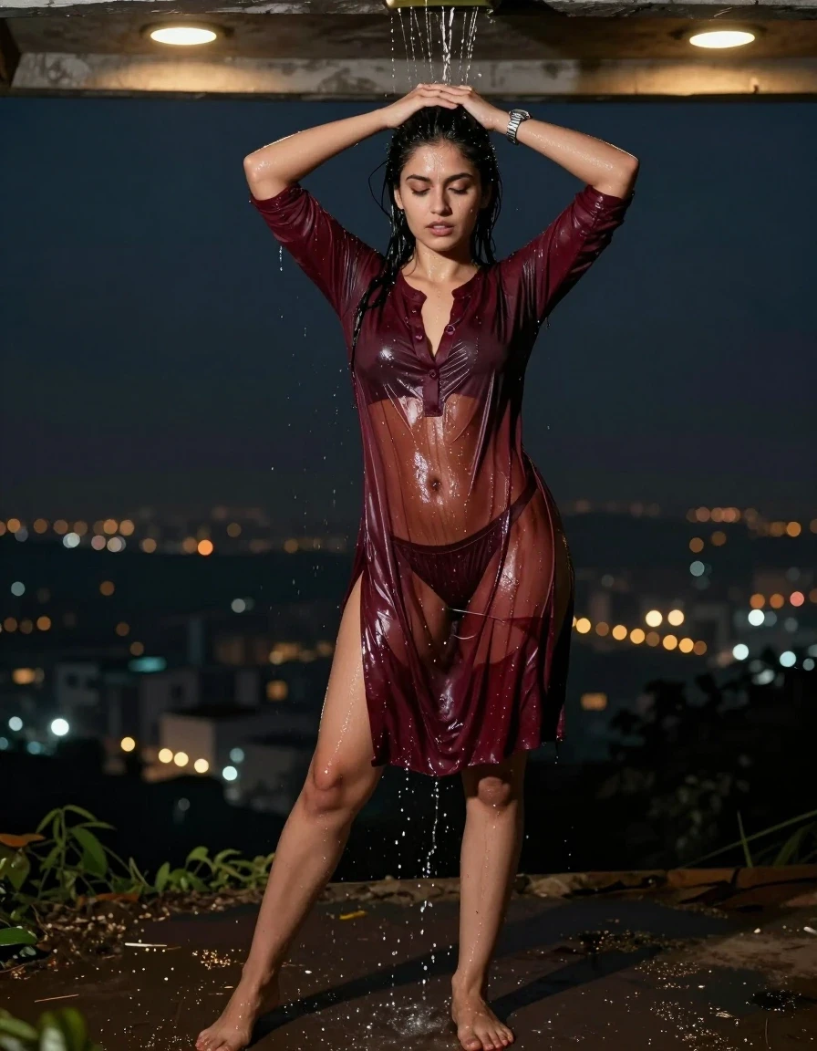 photo of young woman, in soaking wet, drenched clothes,
., , Burgundy traditional very short kurti, Hill top, 
enjoying, wet clothes stuck to body,
detailed textures of the wet clothes, wet face, wet plastered hair,
wet, drenched, professional, high-quality details, full body view.
sharp focus, ultra-high pixel detail, realistic, high-quality, full colors, incredibly detailed, 4k, 8k, 16k, hyper-realistic, RAW photo, masterpiece, ultra-detailed, professionally color graded, professional photograph, A  woman standing in hilltop , pouring water over her head . She is wearing a kurti , the fabric slightly wet . She's wearing a metal strap divers watch.Barefoot, with water  The area lit with ceiling recessed warm spot lights as the only light source. Realistic photography style, high detail,, wet skin, damp fabric , the cloth is cut open in the middle fully exposing body and bra and panty, night dark city, wet skin, wet clothes, damp fabric