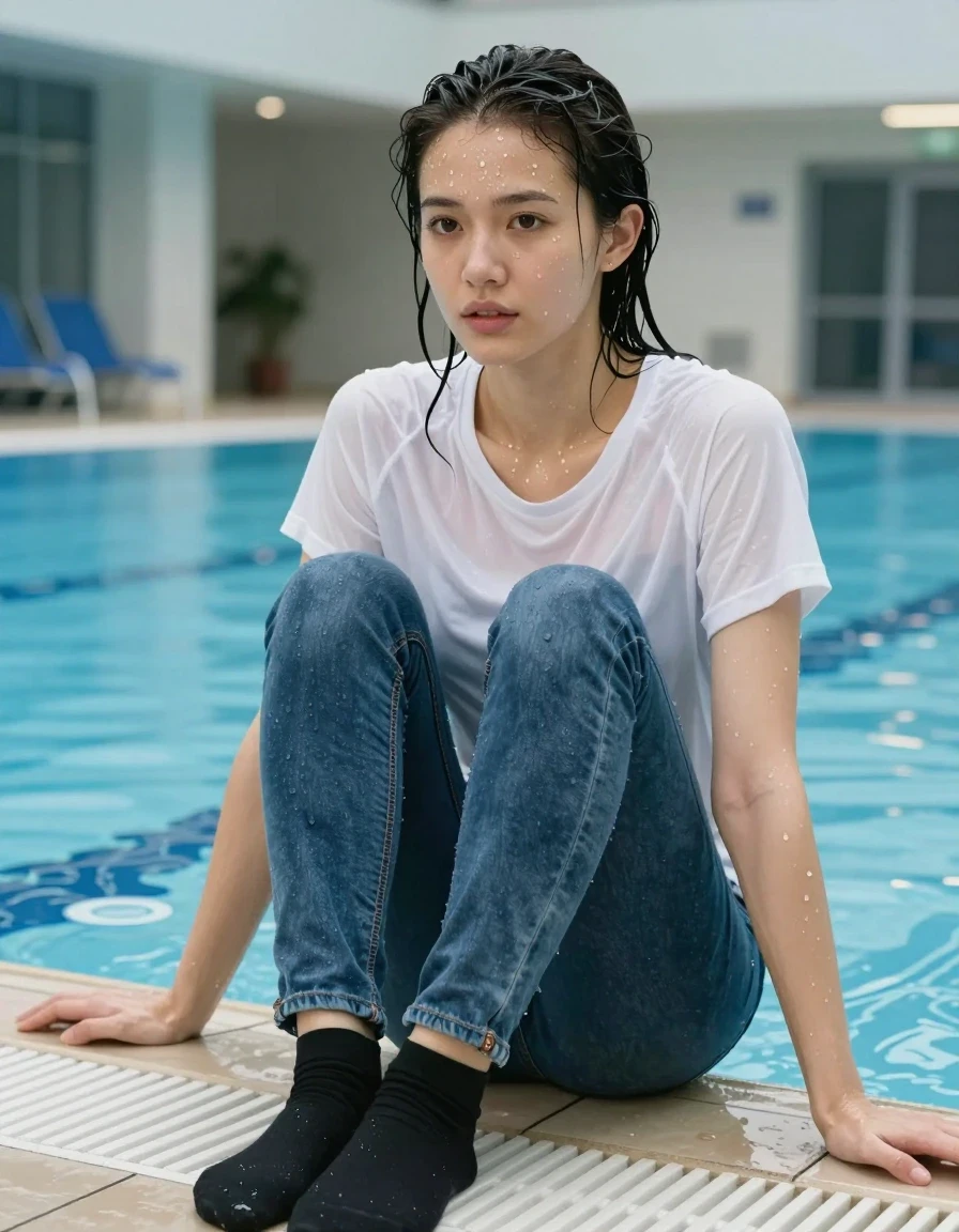 photo of young woman, in soaking wet, drenched clothes,
Black socks, Blue jeans, White T-Shirt , Indoor Swimmingpool , 
enjoying, wet clothes stuck to body,
detailed textures of the wet clothes, wet face, wet plastered hair,
wet, drenched, professional, high-quality details, full body view.
sharp focus, ultra-high pixel detail, realistic, high-quality, full colors, incredibly detailed, 4k, 8k, 16k, hyper-realistic, RAW photo, masterpiece, ultra-detailed, professionally color graded, professional photograph, wet skin, wet clothes, damp fabric