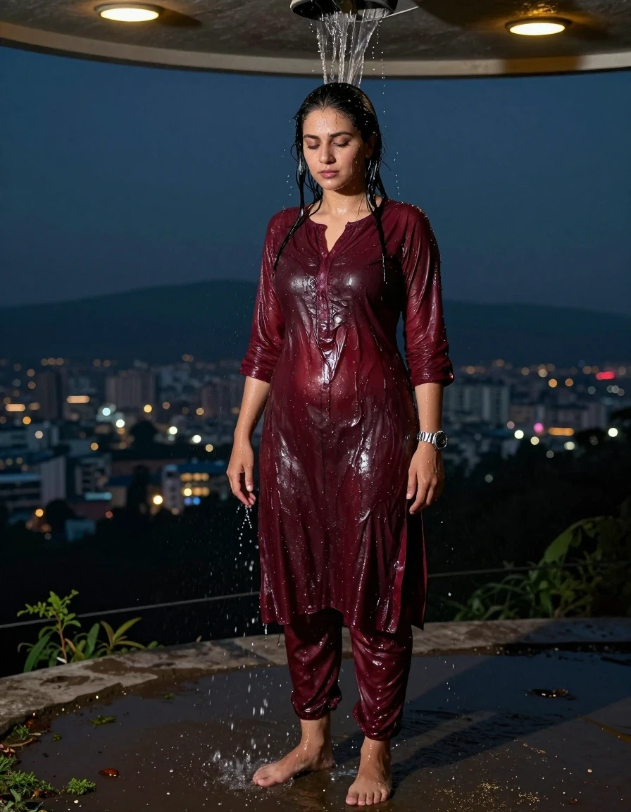 photo of young woman, in soaking wet, drenched clothes,
., Panty, Burgundy traditional kurti , Hill top, 
enjoying, wet clothes stuck to body,
detailed textures of the wet clothes, wet face, wet plastered hair,
wet, drenched, professional, high-quality details, full body view.
sharp focus, ultra-high pixel detail, realistic, high-quality, full colors, incredibly detailed, 4k, 8k, 16k, hyper-realistic, RAW photo, masterpiece, ultra-detailed, professionally color graded, professional photograph, A  woman standing in hilltop , getting water poured by a masseuse over her . She is wearing a kurti , the fabric slightly wet . She's wearing a metal strap divers watch.Barefoot, with water  The area lit with ceiling recessed warm spot lights as the only light source. Realistic photography style, high detail,, wet skin, damp fabric , the cloth is cut open in the middle, night dark city, wet skin, wet clothes, damp fabric