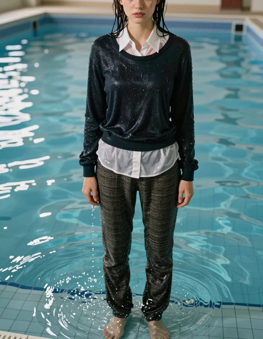 A photorealistic full-body shot of a young adult European woman standing inside a shallow indoor pool, her skin and hair glistening with water, soaked and dripping. She is wearing classic tweed pants that are heavy with water, showing deep saturated tones, clinging to her legs, with water-darkened fibers and visible texture. Over this, she wears a white classic shirt with the collar totally closed, layered under a black wool sweater; both garments are completely water-saturated, clinging tightly to her torso, with the white shirt becoming translucent where it adheres to her skin and the wool sweater darkening to a deep charcoal, heavy with absorbed water, showing realistic folds and weighing down her frame. She is barefoot, with wet feet resting on the submerged pool tiles. The environment is a brightly lit tiled pool area with shimmering reflections on the water surface and wet floor. Cinematic lighting highlights the liquid sheen on her skin and the heavy, dripping fabric of the clothes. High-resolution, 8k, sharp focus, hyper-detailed textures, photographic realism.
