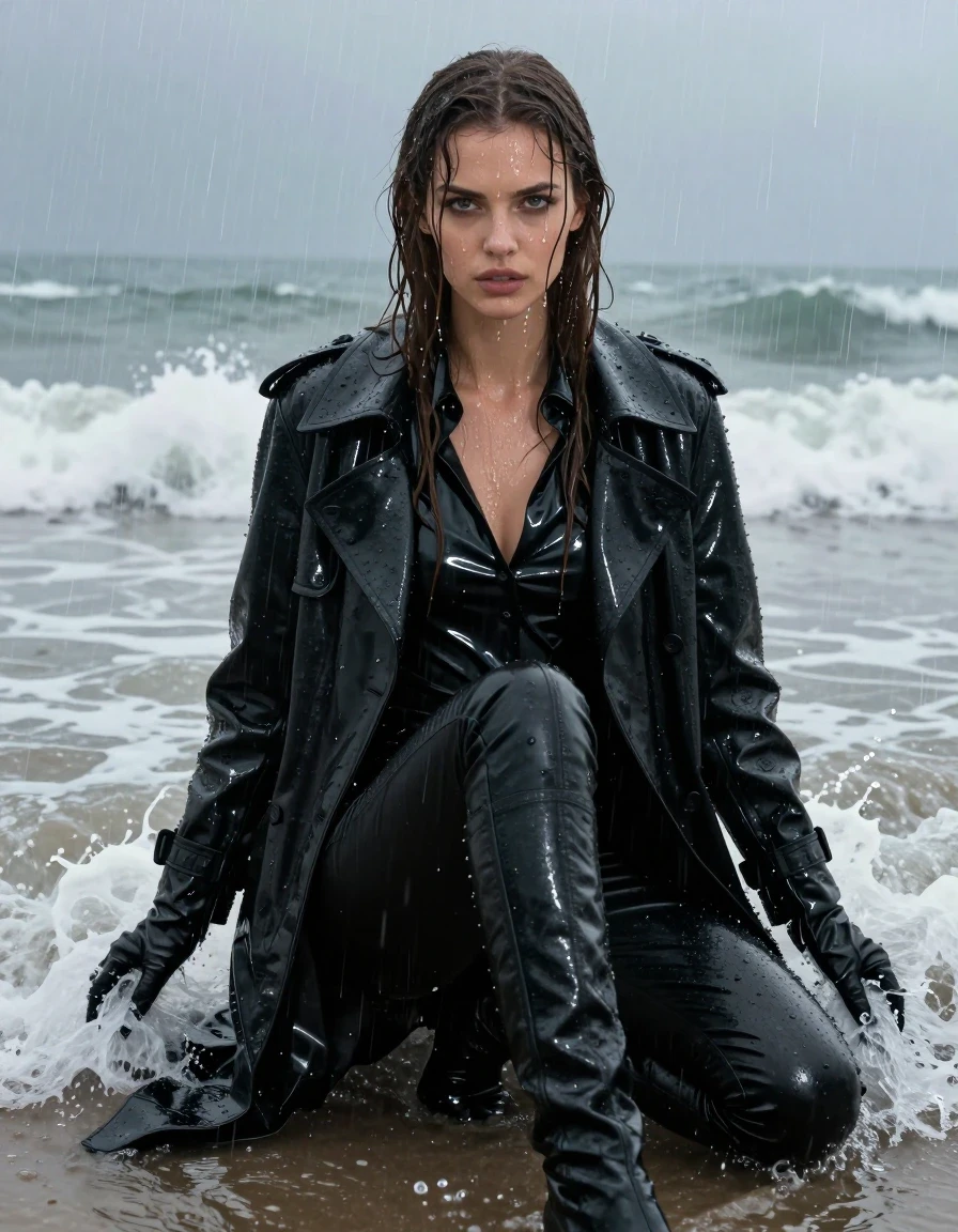 A stunning young adult European woman with long, dripping wet brown hair, captured in high-detail photorealism. She has glistening wet skin with water droplets cascading down her face and neck. She is wearing an oversize black vinyl polar neck shirt, a long black vinyl trench coat, and tight black leather jeans that cling to her legs, paired with black leather knee-high boots and leather gloves on both hands. She is sitting directly in the crashing waves at a beach during a heavy, torrential rainstorm. The clothing is heavily drenched, with the vinyl appearing slick, reflective, and dark, while the leather shows heavy water saturation, deep sheen, and realistic texture. The atmosphere is moody and cinematic, with heavy rain blurring the background. The lighting is cold and natural, emphasizing the high-contrast specular reflections on the wet surfaces of her clothes and skin. The composition is a medium shot focusing on the subject's intense expression and the interaction between the water, the heavy fabrics, and the beach environment. No nudity, no suggestive poses, clean anatomy, professional photography, 8k resolution.
