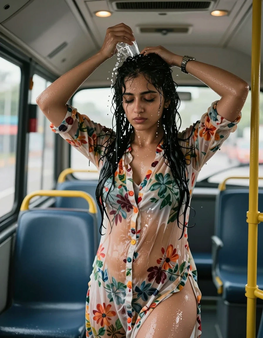 A photorealistic medium shot of a young adult European woman with long, flowing black hair, standing inside a public low-floor bus. She is pouring water over her head, resulting in drenched hair and visible water droplets cascading down her face, arms, and shoulders. She is wearing a floral-patterned very short kurti that is open and unbuttoned, the fabric soaked, translucent, and clinging to her skin with deep, saturated wet patches. She wears a metal strap divers watch on her wrist. She is barefoot, with her feet resting on the bus floor. The scene is illuminated exclusively by ceiling-recessed warm spotlights, creating dramatic highlights and deep shadows. The atmosphere is damp and intimate, emphasizing the texture of the wet skin and the heavy, clinging fabric of the kurti. High-detail photography style, sharp focus, natural skin texture, visible water sheen, realistic lighting, cinematic composition.