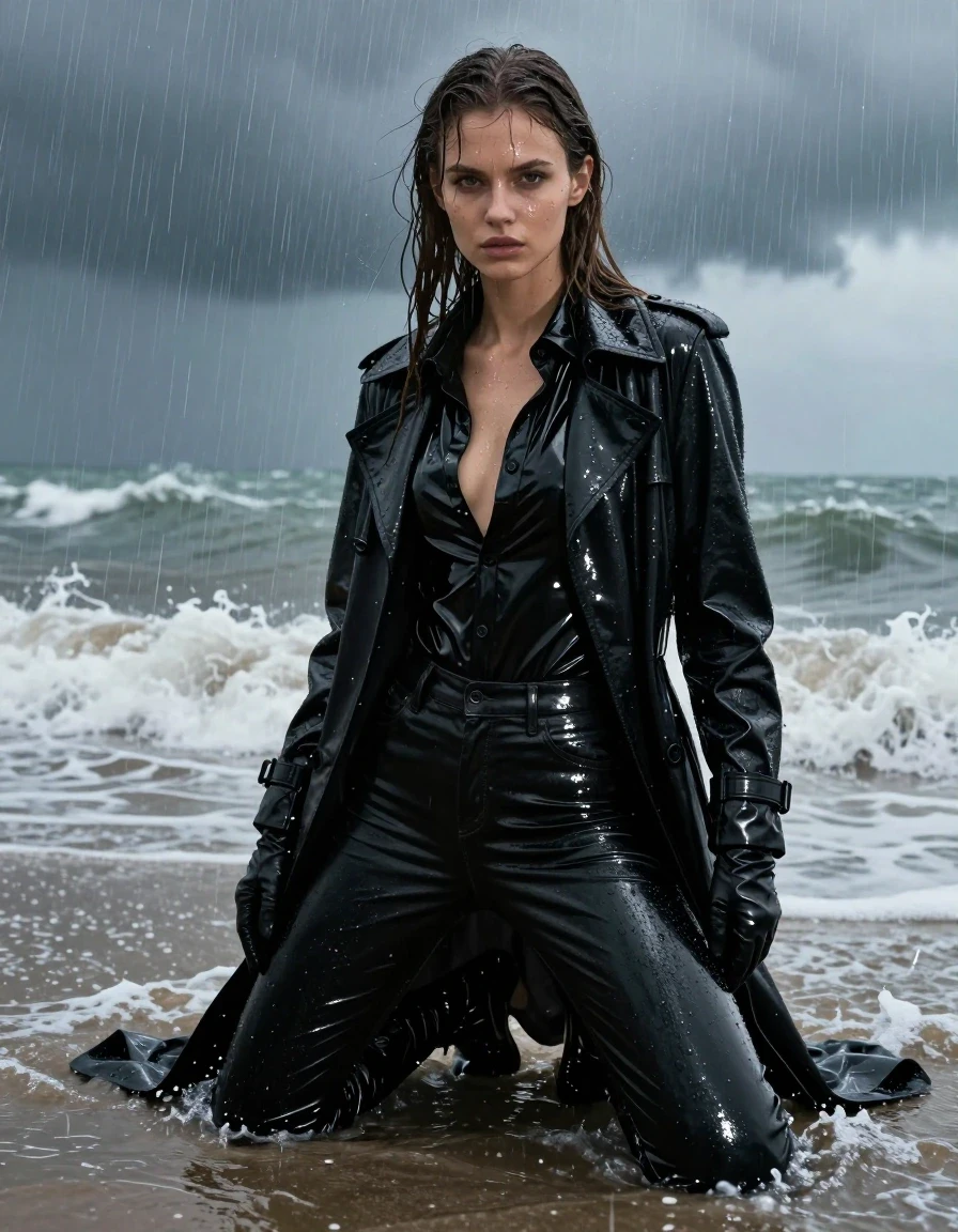 A stunning young adult European woman with long, dripping wet brown hair, captured in high-detail photorealism. She is kneeling in the surf of a beach during a torrential downpour, her skin glistening with heavy rain and sea spray. She is dressed in an oversized black vinyl polar neck shirt, a long black vinyl trench coat, and black leather gloves. She wears tight black leather jeans that show deep, dark saturation from the heavy water exposure, with heavy wet folds, clinging to her legs, and brilliant glossy specular highlights reflecting the storm light on the leather surface. She wears black leather knee-high boots, thoroughly soaked and slick. The environment is a moody, stormy beach with churning waves, heavy rain streaks, and a dark, atmospheric sky. The lighting is dramatic and cool-toned, highlighting the wet texture of her clothing and skin. The image is strictly non-nude, focusing on high-fashion wet-look textures, sharp focus, cinematic composition, 8k resolution, and hyper-realistic fabric physics.
