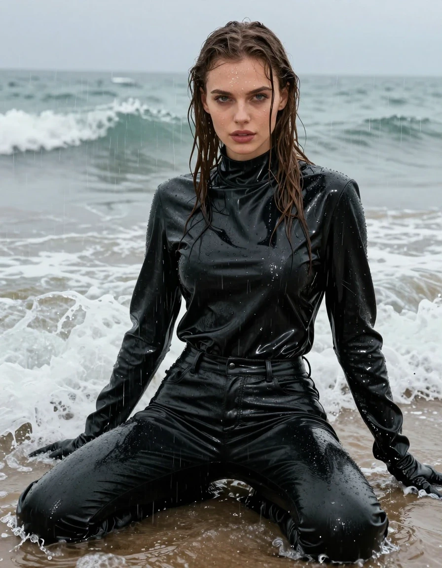 A photorealistic portrait of a young adult European woman with long, dripping wet brown hair, captured in the midst of heavy rain at the beach. Her skin is glistening with water, and she is wearing an oversize black vinyl polar neck shirt, a black vinyl jacket, and sleek black leather jeans, with black leather gloves on both hands and black leather knee-high boots. She is sitting directly in the crashing ocean waves, her clothing thoroughly drenched, showing heavy wet folds, water-saturated fabric, and a realistic glossy sheen. The black vinyl and leather textures are highlighted by rain-slicked highlights and water droplets. The scene is overcast, with high-contrast lighting emphasizing the wet skin and clinging, damp fabrics. The composition is a cinematic medium shot capturing the interaction between her and the surf. No nudity, clean anatomy, professional photography, sharp focus, 8k resolution, highly detailed textures.