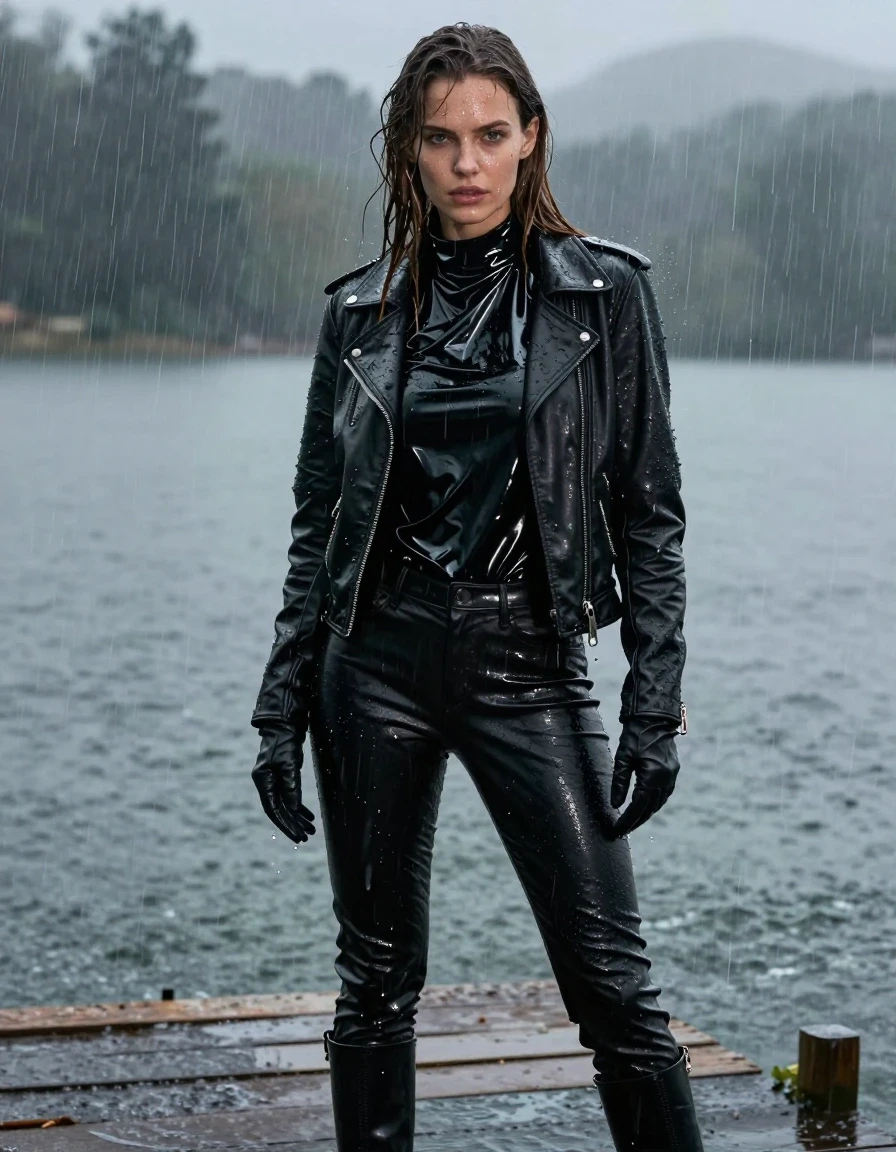 A stunning, photorealistic portrait of a young adult European woman with long, dripping wet brown hair, standing on a wooden pier at a lake during a heavy rainstorm. Her skin is glistening with rainwater, and her clothes are completely drenched, clinging to her form with heavy, damp fabric texture. She is wearing an oversized black vinyl polar neck shirt with a high-gloss, reflective finish, layered under a rugged black biker leather jacket. Her hands are adorned with sleek black leather gloves. She wears black leather jeans that are saturated with water, showing deep, dark tones, heavy folds, and a slick, wet sheen on the surface. Her ensemble is completed with black leather knee-high boots. The atmosphere is moody and cinematic, with heavy rain pouring down, creating a misty environment with water droplets catching the light. High-detail photography, sharp focus on the textures of the wet leather, vinyl, and skin, realistic water runoff, dramatic lighting, 8k resolution, professional composition.