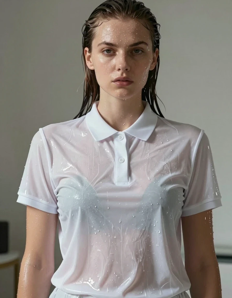 A photorealistic medium shot of a young adult European woman with wet, slicked-back hair and glistening, water-drenched skin, wearing a crisp white Lacote polo shirt with two buttons, the fabric is visibly soaked, clinging to her form with heavy, translucent wet patches and darkened texture, emphasizing the weave and damp folds. She is positioned in a neutral, modern indoor environment with soft, ambient lighting that catches the sheen on her skin and the saturated fabric. The composition focuses on the realistic texture of the damp polo shirt and the natural, wet appearance of her hair and skin, rendered with high-fidelity photographic detail, sharp focus on the garment's texture, realistic skin pores, and subtle water-sheen reflections. No dry clothing, no droplets on dry fabric, no cartoonish or illustrative styles, no distorted anatomy, no blurred or low-resolution textures, no stray elements, no background distractions, and no makeup smudging.