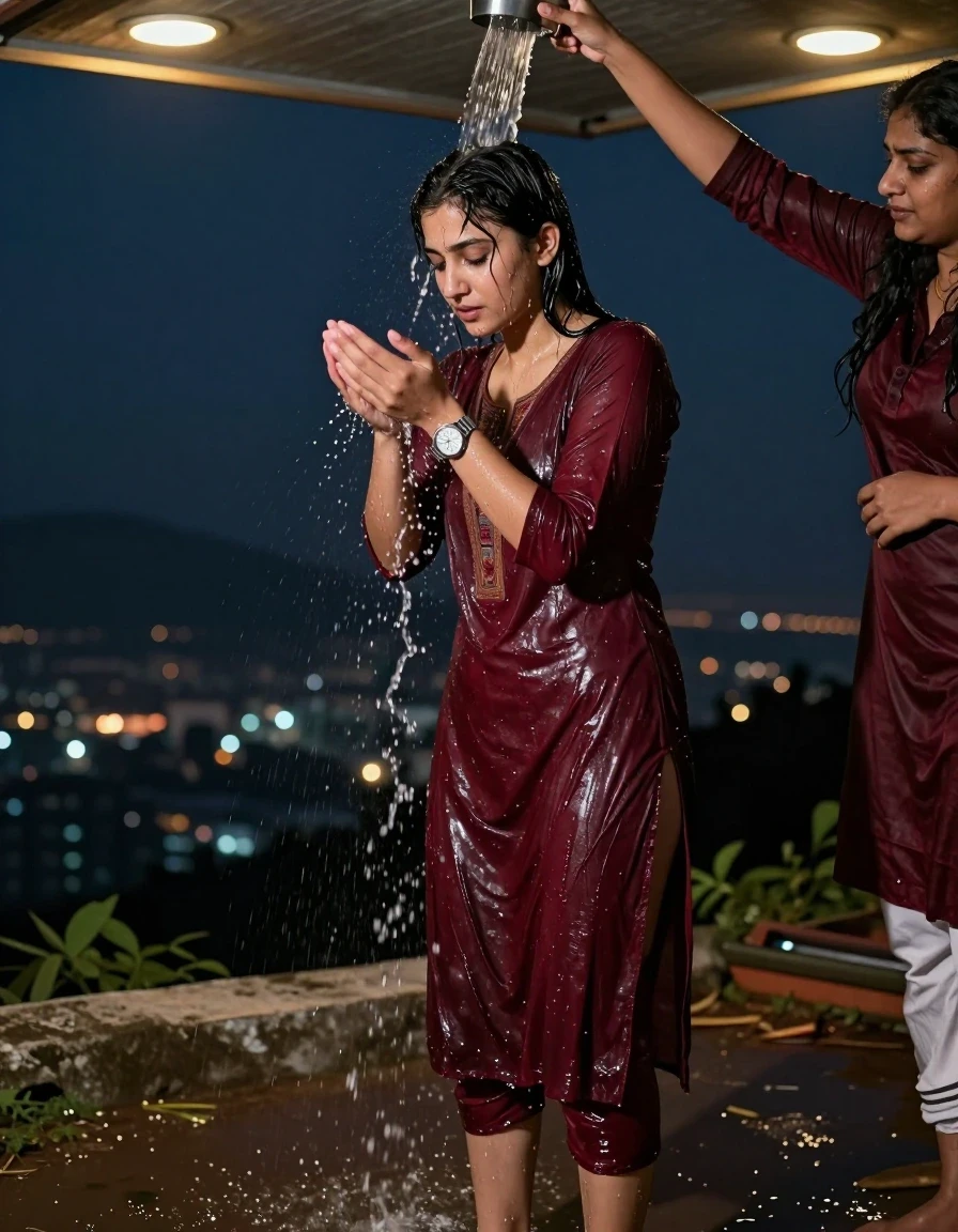 photo of young woman, in soaking wet, drenched clothes,
., Panty, Burgundy traditional kurti , Hill top, 
enjoying, wet clothes stuck to body,
detailed textures of the wet clothes, wet face, wet plastered hair,
wet, drenched, professional, high-quality details, full body view.
sharp focus, ultra-high pixel detail, realistic, high-quality, full colors, incredibly detailed, 4k, 8k, 16k, hyper-realistic, RAW photo, masterpiece, ultra-detailed, professionally color graded, professional photograph, A  woman standing in hilltop , getting water poured by another women named lexxis over her . She is wearing a kurti , the fabric slightly wet . She's wearing a metal strap divers watch.Barefoot, with water  The area lit with ceiling recessed warm spot lights as the only light source. Realistic photography style, high detail,, wet skin, damp fabric , the cloth is cut open in the middle, night dark city, wet skin, wet clothes, damp fabric