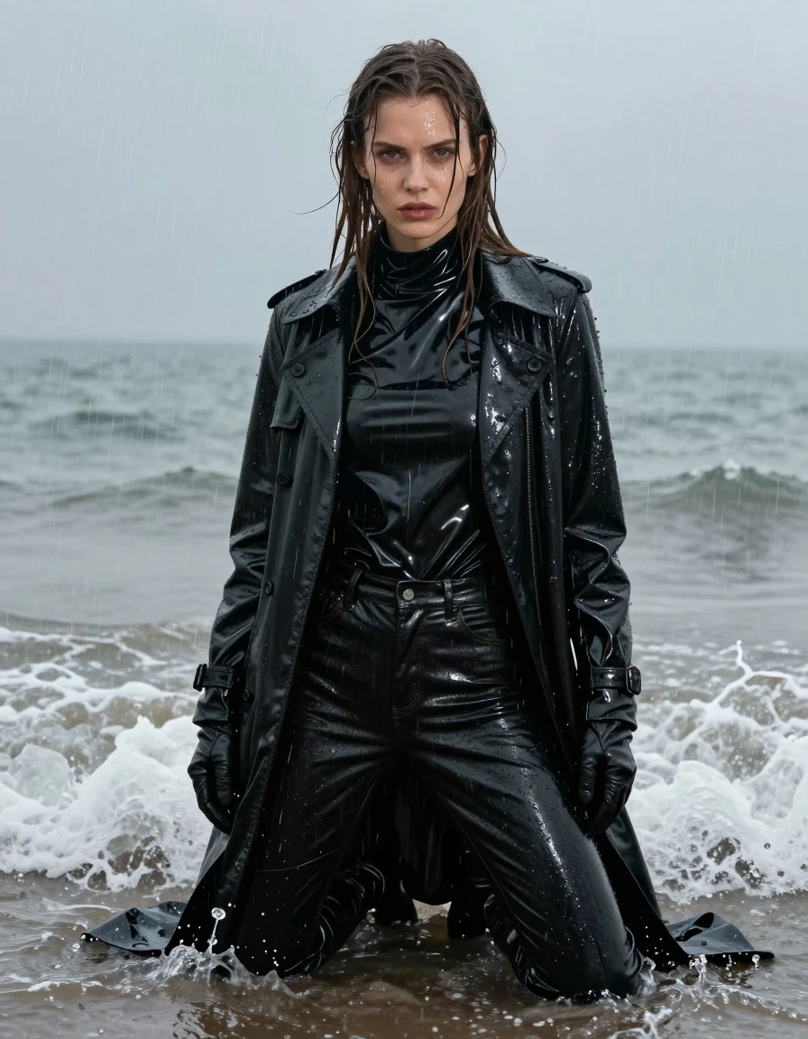 A photorealistic medium-full shot of a young adult European woman with long dripping wet brown hair, kneeling in the breaking waves at a beach during a heavy rainstorm. She is wearing an oversized black vinyl polar neck shirt, a black vinyl trench coat, black leather jeans, black leather knee-high boots, and leather gloves on both hands. Her skin and clothes are completely drenched; the vinyl garments have a high-gloss, reflective sheen with water running down the surfaces. The black leather jeans are heavy with water, clinging to her legs with deep, dark saturation and subtle creasing. The rain creates a dense, misty atmosphere, with water splashing around her knees and soaking into the fabric. The lighting is moody and overcast, emphasizing the high-contrast highlights on the wet vinyl and the glistening, wet texture of her skin and hair. Sharp focus, high-detail textures, realistic water physics, cinematic composition, fully clothed, modest attire.
