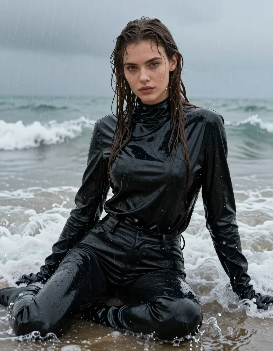 A photorealistic portrait of a young adult European woman with long, dripping wet brown hair, captured in heavy rain at a beach. She is sitting directly in the crashing waves, her skin glistening with water and rainwater streaming down her face. She is wearing an oversize black vinyl polar neck shirt, a black vinyl jacket, and black leather jeans that are heavily soaked and clinging to her legs. She wears black leather gloves on both hands and black leather knee-high boots. The fabric of the vinyl and leather is slick with a high-gloss wet sheen, reflecting the grey, moody sky and the surrounding ocean spray. The environment is dark and atmospheric, with heavy rain falling, water pooling around her, and crashing waves creating a mist. The scene is captured in high resolution with sharp focus on the textures of the wet hair, the clinging vinyl, and the saturated leather, emphasizing realistic water weight, heavy folds, and specular highlights on the wet surfaces. No nudity, clean anatomy, professional photography, cinematic lighting.