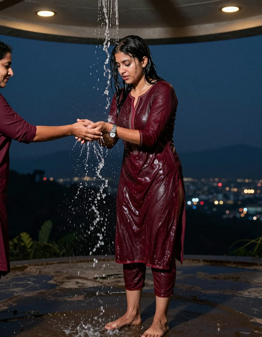 photo of young woman, in soaking wet, drenched clothes,
., Panty, Burgundy traditional kurti , Hill top, 
enjoying, wet clothes stuck to body,
detailed textures of the wet clothes, wet face, wet plastered hair,
wet, drenched, professional, high-quality details, full body view.
sharp focus, ultra-high pixel detail, realistic, high-quality, full colors, incredibly detailed, 4k, 8k, 16k, hyper-realistic, RAW photo, masterpiece, ultra-detailed, professionally color graded, professional photograph, A  woman standing in hilltop , getting water poured by another women named lexxis over her . She is wearing a kurti , the fabric slightly wet . She's wearing a metal strap divers watch.Barefoot, with water  The area lit with ceiling recessed warm spot lights as the only light source. Realistic photography style, high detail,, wet skin, damp fabric , the cloth is cut open in the middle, night dark city, wet skin, wet clothes, damp fabric