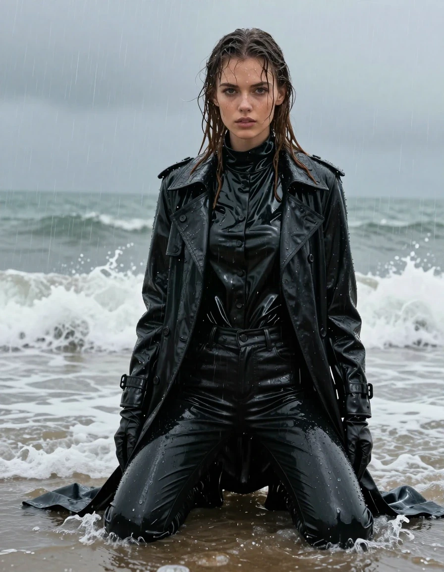 A photorealistic portrait of a young adult European woman with long, dripping wet brown hair and glistening wet skin, kneeling in the surf at a beach during a heavy rainstorm. She is wearing an oversized black vinyl polar neck shirt, a long black vinyl trench coat, and black leather gloves on both hands. Her legs are clad in black leather jeans, which are visibly drenched, clinging to her skin with heavy folds and high-gloss specular reflections from the rain. The entire ensemble is thoroughly soaked, with the vinyl and leather textures appearing slick, weighted, and heavily coated in water. The scene is captured in a cinematic, moody atmosphere with heavy rain falling, creating water splashes in the waves around her. The lighting is dim and atmospheric, emphasizing the wet sheen on her skin and the high-contrast reflections on the vinyl and leather surfaces. High-resolution photography, sharp focus on textures, hyper-realistic water effects, fully clothed, modest attire.
