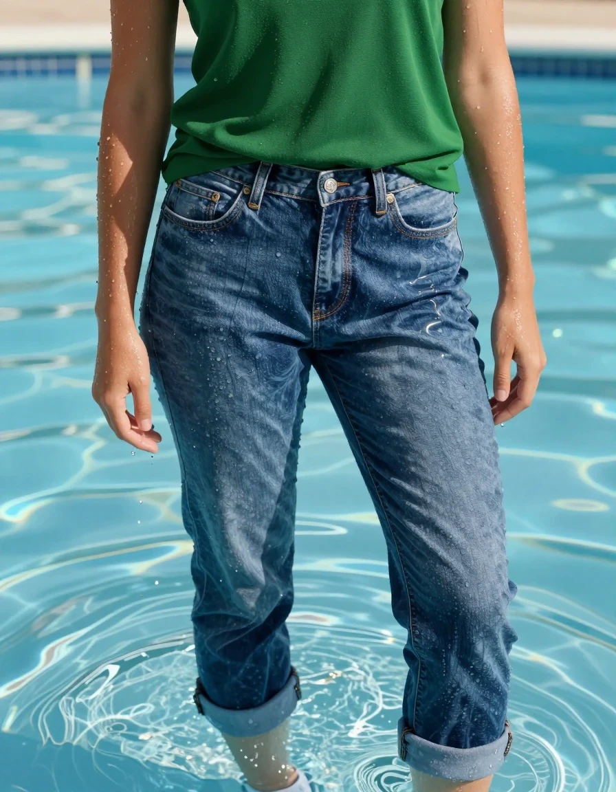 A photorealistic medium shot of a young adult European woman standing in a shallow swimming pool, her appearance marked by a natural, drenched look. She is wearing a vibrant green Lacoste polo shirt that is soaked through, clinging to her skin with visible fabric texture and darker tones. She is wearing soaking-wet blue denim jeans, water-saturated heavyweight denim, blue changed to deep navy and indigo, substantially darker unevenly soaked patches, absorbed water, heavy wet folds, visible weave and stitching, and strong glossy specular reflections on the raised weave, seams, and creases. On her feet are white sneakers, completely saturated and dripping with water. Her skin and hair are glistening with wetness, with water droplets clinging to her face and arms. The environment is a bright, sunlit outdoor pool with clear blue water and soft ripples. High-quality photographic style, sharp focus on the textures of the wet denim and fabric, natural cinematic lighting, 8k resolution, realistic skin pores, and authentic water reflection effects.