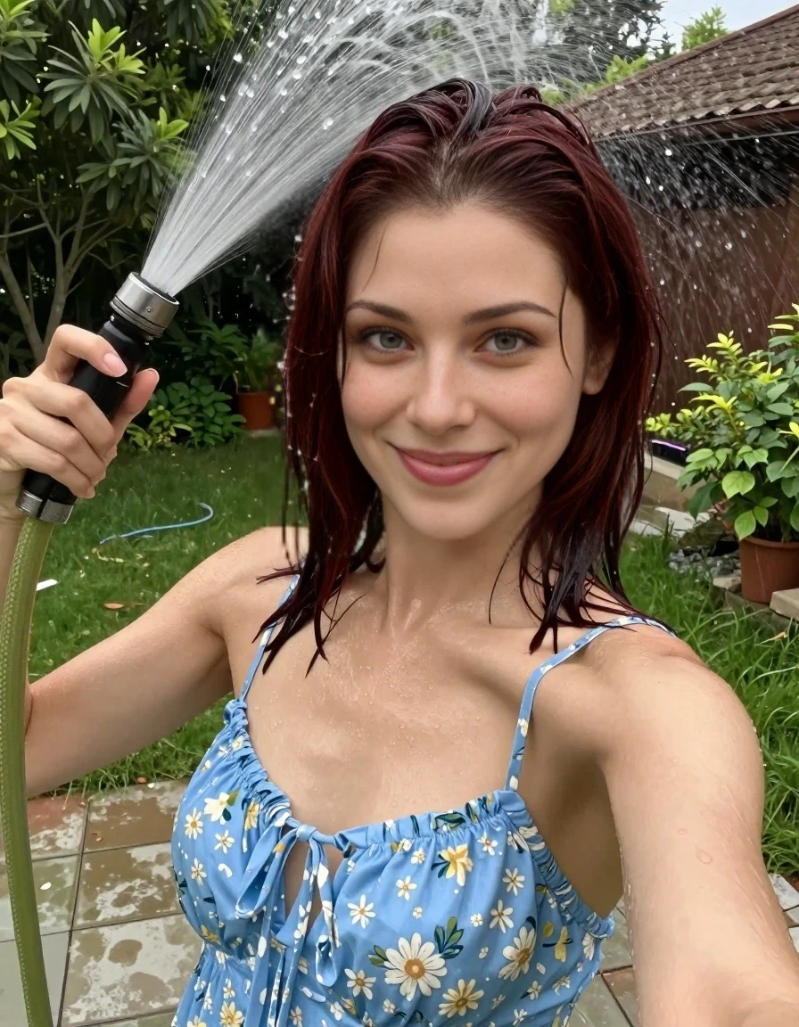 A realistic vertical selfie-style fashion photograph of a 25-year-old woman with shoulder-length dark auburn hair standing on a sunny backyard patio, wearing a light blue floral summer dress that is completely soaked and clinging to her skin, she is holding a garden hose and spraying water directly over the top of her head so that her hair is slicked back and dripping wet with strands clinging to her forehead and cheeks, smiling at the camera, natural daylight, high resolution, clear focus on the woman's face.