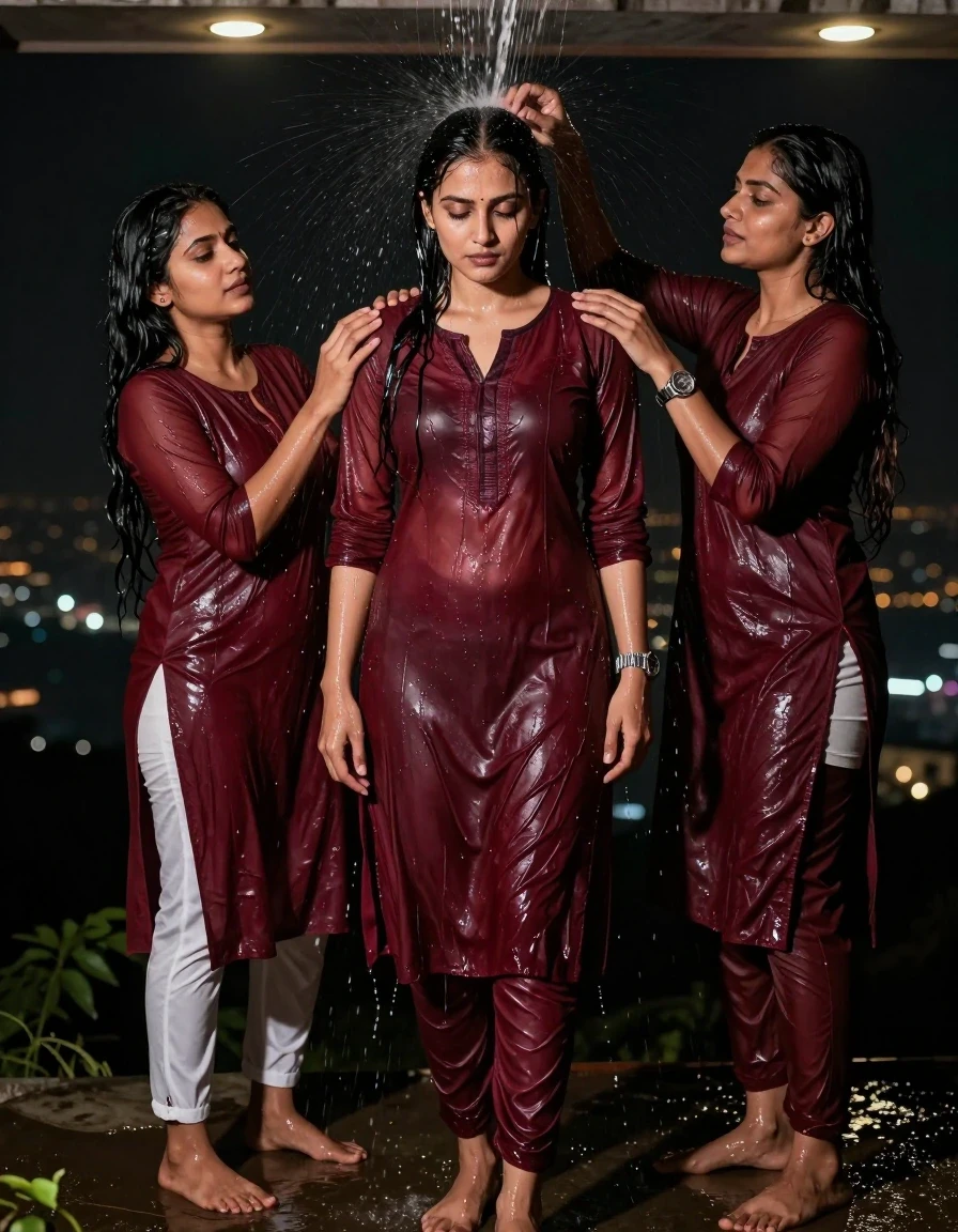 photo of young woman, in soaking wet, drenched clothes,
., Panty, Burgundy traditional kurti , Hill top,both women seductive , 
enjoying, wet clothes stuck to body,
detailed textures of the wet clothes, wet face, wet plastered hair,
wet, drenched, professional, high-quality details, full body view.
sharp focus, ultra-high pixel detail, realistic, high-quality, full colors, incredibly detailed, 4k, 8k, 16k, hyper-realistic, RAW photo, masterpiece, ultra-detailed, professionally color graded, professional photograph, A  woman standing in hilltop , getting water sprayed by another women named lexxis over her . She is wearing a kurti , the fabric slightly wet . She's wearing a metal strap divers watch.Barefoot, with water  The area lit with ceiling recessed warm spot lights as the only light source. Realistic photography style, high detail,, wet skin, damp fabric , the cloth is cut open in the middle, night dark city, wet skin, wet clothes, damp fabric