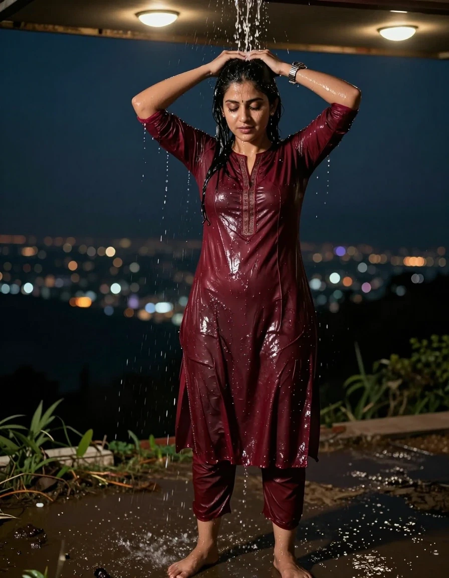photo of young woman, in soaking wet, drenched clothes,
., , Burgundy traditional kurti , Hill top, 
enjoying, wet clothes stuck to body,
detailed textures of the wet clothes, wet face, wet plastered hair,
wet, drenched, professional, high-quality details, full body view.
sharp focus, ultra-high pixel detail, realistic, high-quality, full colors, incredibly detailed, 4k, 8k, 16k, hyper-realistic, RAW photo, masterpiece, ultra-detailed, professionally color graded, professional photograph, A  woman standing in hilltop , pouring water over her head . She is wearing a kurti , the fabric slightly wet . She's wearing a metal strap divers watch.Barefoot, with water  The area lit with ceiling recessed warm spot lights as the only light source. Realistic photography style, high detail,, wet skin, damp fabric , the cloth is cut open in the middle, night dark city, wet skin, wet clothes, damp fabric