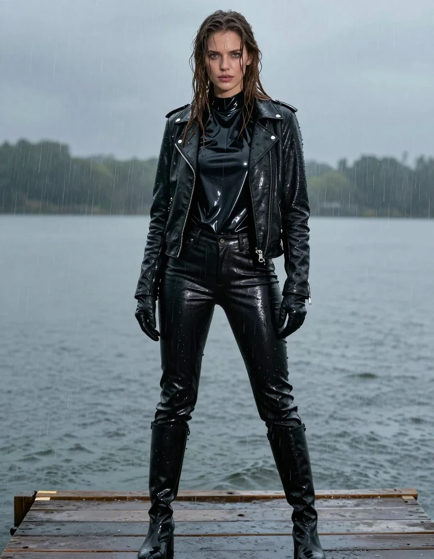 A photorealistic full-body shot of a young adult European woman with long, dripping wet brown hair, standing on a wooden pier at a lake during a heavy rainstorm. She is drenched, with water sheen clinging to her skin and clothes. She is wearing an oversize black vinyl polar neck shirt with a high-gloss wet finish, a black biker leather jacket, and black leather jeans that are heavy with water, clinging to her legs with deep, dark, saturated folds and glossy highlights. She wears black leather gloves on both hands and black leather knee-high boots. The fabric of the clothing is visibly damp and heavy with moisture. The scene is captured with sharp focus, highlighting the texture of the wet skin and the reflective, soaked surfaces under a moody, overcast sky. The image is strictly non-nude, focusing on high-detail fashion photography, realistic rain effects, and atmospheric lighting.