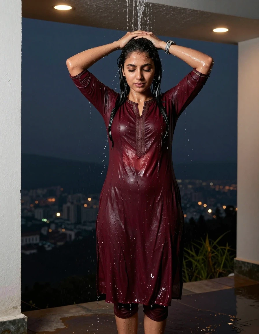 photo of young woman, in soaking wet, drenched clothes,
., Panty, Burgundy traditional kurti , Hill top, 
enjoying, wet clothes stuck to body,
detailed textures of the wet clothes, wet face, wet plastered hair,
wet, drenched, professional, high-quality details, full body view.
sharp focus, ultra-high pixel detail, realistic, high-quality, full colors, incredibly detailed, 4k, 8k, 16k, hyper-realistic, RAW photo, masterpiece, ultra-detailed, professionally color graded, professional photograph, A  woman standing in hilltop , pouring water over her head . She is wearing a kurti , the fabric slightly wet . She's wearing a metal strap divers watch.Barefoot, with water  The area lit with ceiling recessed warm spot lights as the only light source. Realistic photography style, high detail,, wet skin, damp fabric , the cloth is cut open in the middle, night dark city, wet skin, wet clothes, damp fabric