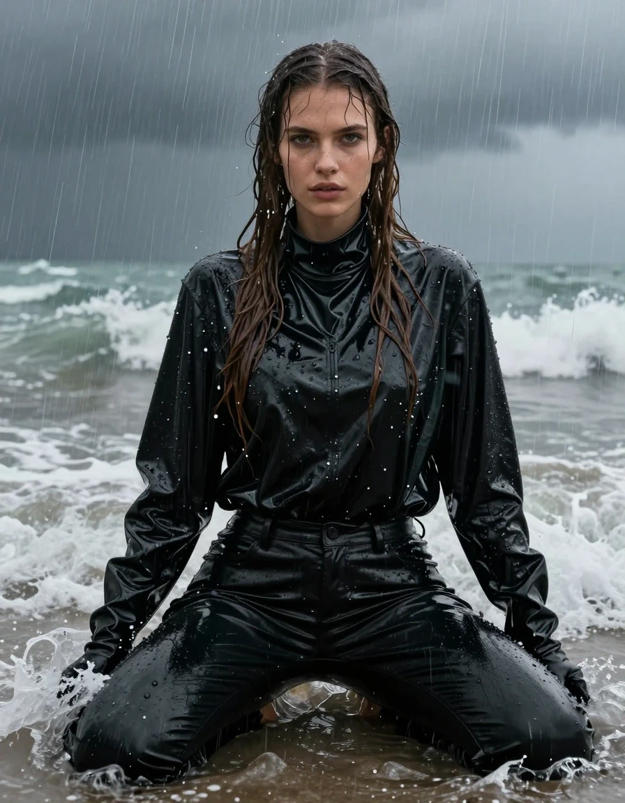 A photorealistic portrait of a young adult European woman with long, dripping wet brown hair, sitting in the crashing waves at a beach during a torrential downpour. Her skin is glistening with heavy rain, and she is wearing an oversized black vinyl polar neck shirt, a black vinyl jacket, and black leather gloves on both hands. She is dressed in black leather jeans that are visibly soaked, clinging to her legs with deep, dark, glossy reflections from the rain and seawater. The clothing is heavily drenched, showing realistic water-saturated folds, clinging textures, and a heavy, sodden appearance. The environment is dark and stormy, with heavy rain streaking the air and water splashing around her. High-contrast lighting highlights the sheen on the wet vinyl and leather surfaces. The composition is a cinematic medium shot focusing on the texture of the wet materials, the rain-drenched hair, and the intense atmosphere of the beach, ensuring full clothing coverage with no nudity.
