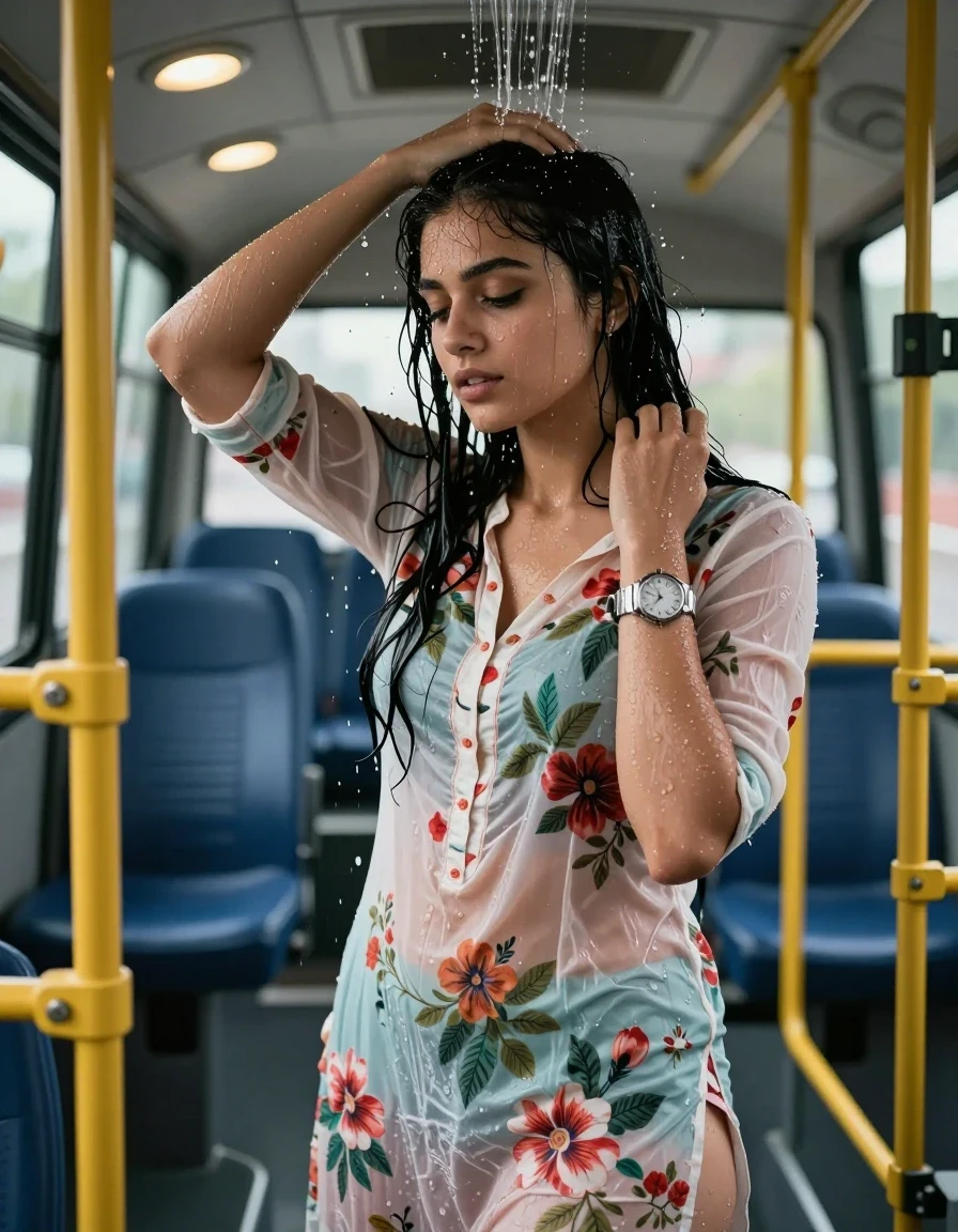 photo of young woman, in soaking wet, drenched clothes,
., , Floral very short kurti, Bus , 
enjoying, wet clothes stuck to body,
detailed textures of the wet clothes, wet face, wet plastered hair,
wet, drenched, professional, high-quality details, full body view.
sharp focus, ultra-high pixel detail, realistic, high-quality, full colors, incredibly detailed, 4k, 8k, 16k, hyper-realistic, RAW photo, masterpiece, ultra-detailed, professionally color graded, professional photograph, A  woman with long black hair standing in low floor bus, pouring water over her head . She is wearing a open unbuttoned kurti , the fabric slightly wet and clinging. She's wearing a metal strap divers watch.Barefoot, with water droplets visible on her face, arms, and clothes. . The bus is lit with ceiling recessed warm spot lights as the only light source. Realistic photography style, high detail,, wet skin, wet clothes, damp fabric, wet skin, wet clothes, damp fabric
