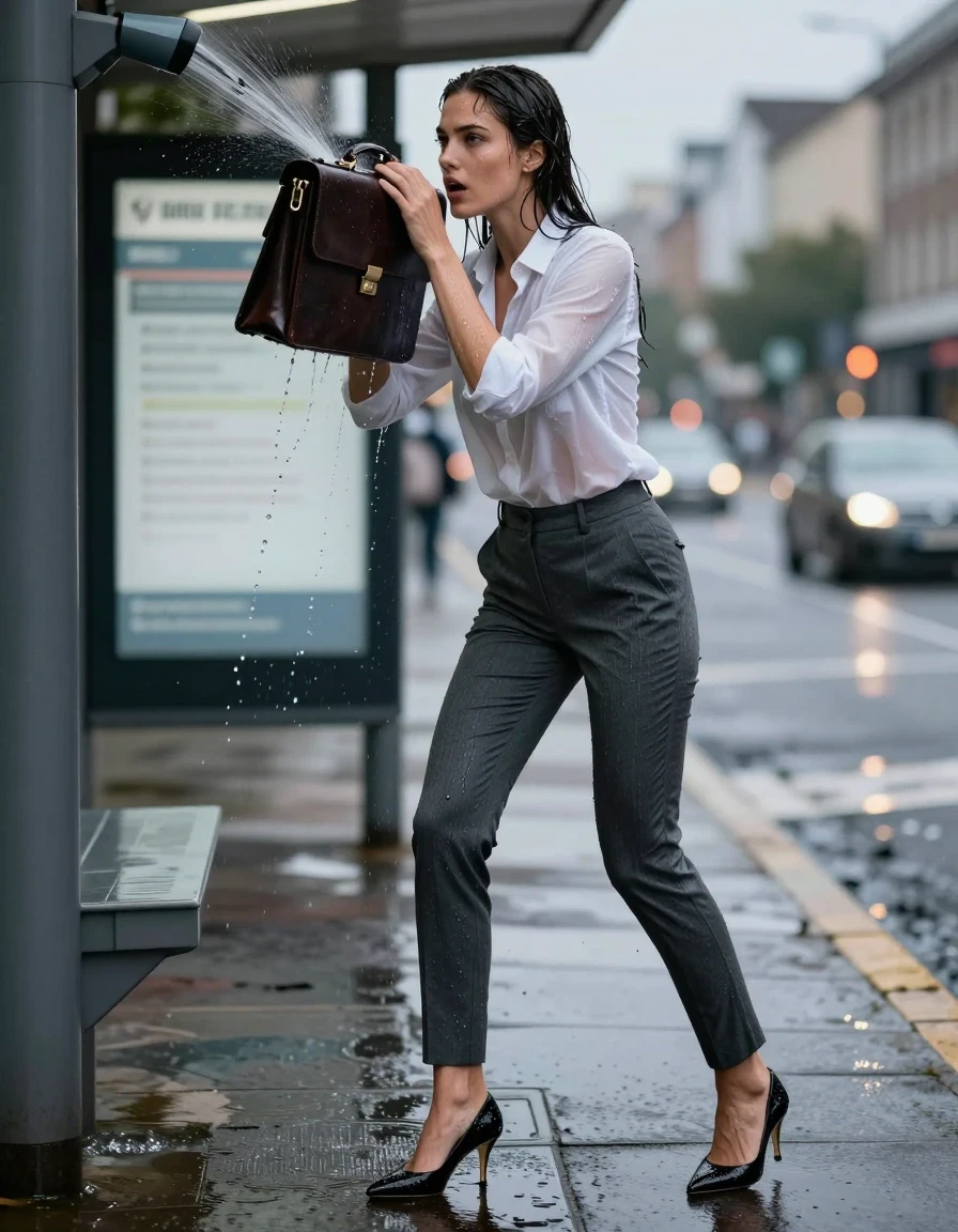 photo of young woman, in soaking wet, drenched clothes,
black pointed-toe kitten heels with water droplets, charcoal grey tailored slim-fit trousers clinging to skin, crisp white button-down shirt, completely soaked and translucent-wet, tucked in, modern urban bus stop at dusk, 
enjoying, wet clothes stuck to body,
detailed textures of the wet clothes, wet face, wet plastered hair,
wet, drenched, professional, high-quality details, full body view.
sharp focus, ultra-high pixel detail, realistic, high-quality, full colors, incredibly detailed, 4k, 8k, 16k, hyper-realistic, RAW photo, masterpiece, ultra-detailed, professionally color graded, professional photograph, woman frantically shielding her leather briefcase from a broken overhead sprinkler, water cascading over shoulders, hyper-realistic wet fabric texture, glossy skin reflections, sharp flash photography, high contrast, cinematic medium shot, eye-level angle., wet skin, wet clothes, damp fabric