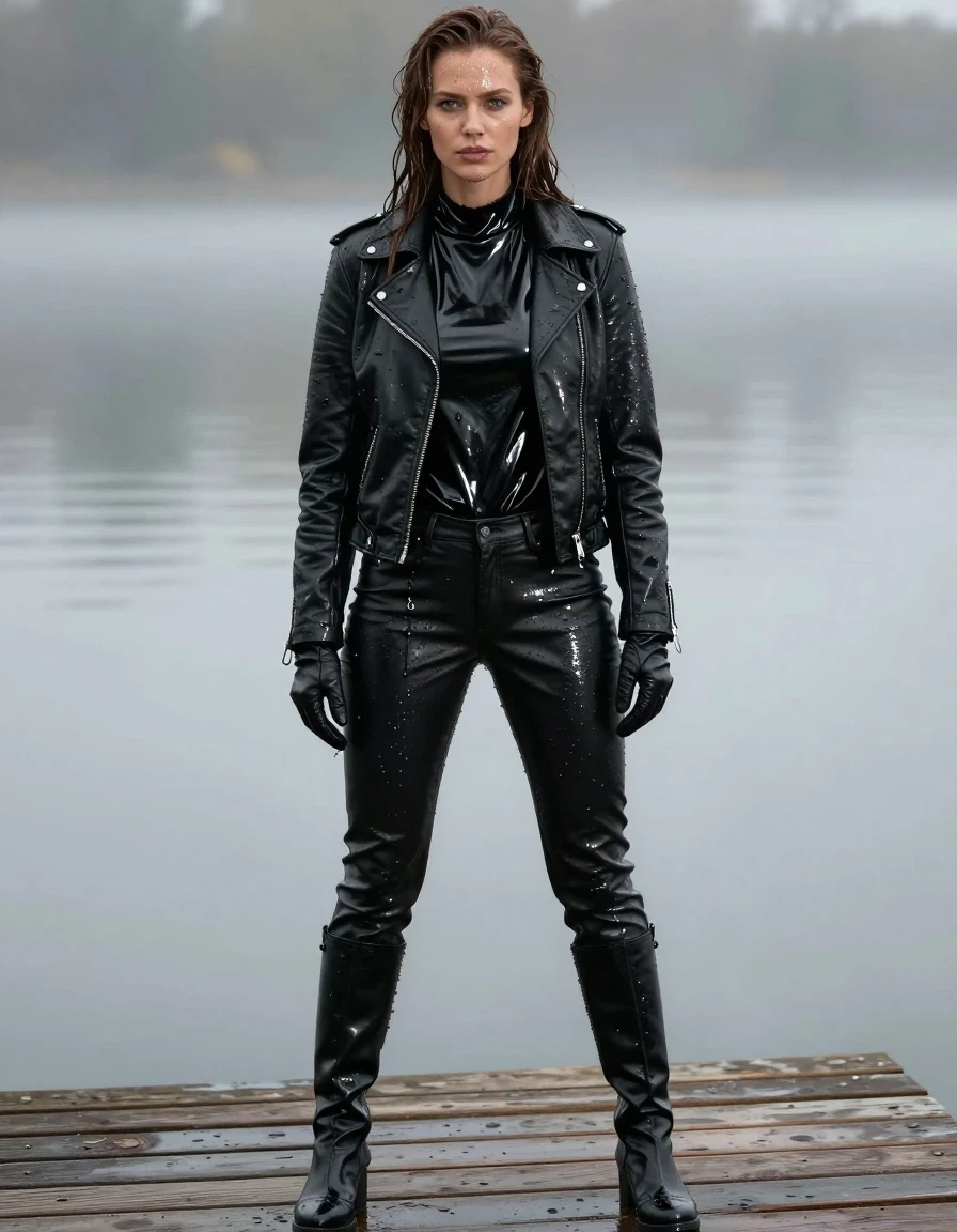 A photorealistic full-body shot of a young adult European woman with long, dripping wet brown hair, standing on a wooden pier at a lake. Her skin is glistening with water, and her clothes are visibly soaked and clinging to her body. She is wearing an oversize black vinyl polar neck shirt that shows a glossy, wet sheen, layered under a heavy black biker leather jacket with water-slicked surfaces. Her legs are clad in black leather jeans, heavy with moisture and showing deep, dark folds and clinging textures. She wears black leather knee-high boots and matching leather gloves on both hands. The damp fabric of her clothing shows heavy, realistic saturation and water-darkened patches. The environment features a misty lake background with moody, natural lighting reflecting off the wet surfaces of her attire and skin. High-detail photographic quality, sharp focus on texture, realistic wetness, no nudity, clean anatomy, fully clothed.