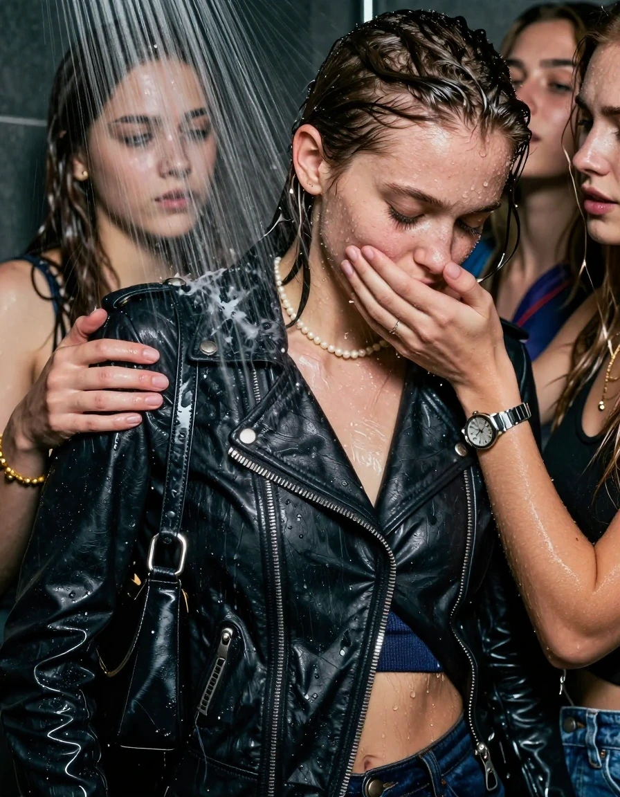 photo of young woman, in soaking wet, drenched clothes,
, , Biker leatherjacket, sweater belly free, shoulderbag, pearl necklace, bracelet, wristwatch, Orgasm Under the shower, strong jet of water, party room, 
enjoying, wet clothes stuck to body,
detailed textures of the wet clothes, wet face, wet plastered hair,
wet, drenched, professional, high-quality details, full body view.
sharp focus, ultra-high pixel detail, realistic, high-quality, full colors, incredibly detailed, 4k, 8k, 16k, hyper-realistic, RAW photo, masterpiece, ultra-detailed, professionally color graded, professional photograph, Sleek long ponytail with bangs

 15 years old  school girl and her female  friends

Only head and shoulders are over the surface visible. Looking down to the side.  closed eyes . Her mouth is covered by her friends Hand. hugs her friend.

The girls wear different clothes.

she is completely underwater up to her neck, horny and Strenuous painful expression. 

her clothing is soaking wet and clinging tightly to her skin, showing heavy wet folds, darkened fabric texture, and deep water-saturated Patches, her clothes are heavy from the water, water runs from her body and her clothes in streams. A lot of water also runs out of her clothes. Her clothes are darkened by the water. Her submerged clothes are good visible under the water.  she soaked her handbag into the water.

close up view, wet skin, wet clothes, wet hair, damp fabric, water runs down the clothes, wet skin, wet clothes, damp fabric. cinematic medium shot, hyper-realistic wetness, high-contrast water sheen, sharp focus, 16k resolution, professional photography, realistic water physics., wet skin, wet clothes, damp fabric, wet skin, wet clothes, damp fabric, wet skin, wet clothes, damp fabric, wet skin, wet clothes, damp fabric, wet skin, wet clothes, damp fabric, wet skin, wet clothes, damp fabric, wet skin, wet clothes, damp fabric, wet skin, wet clothes, damp fabric