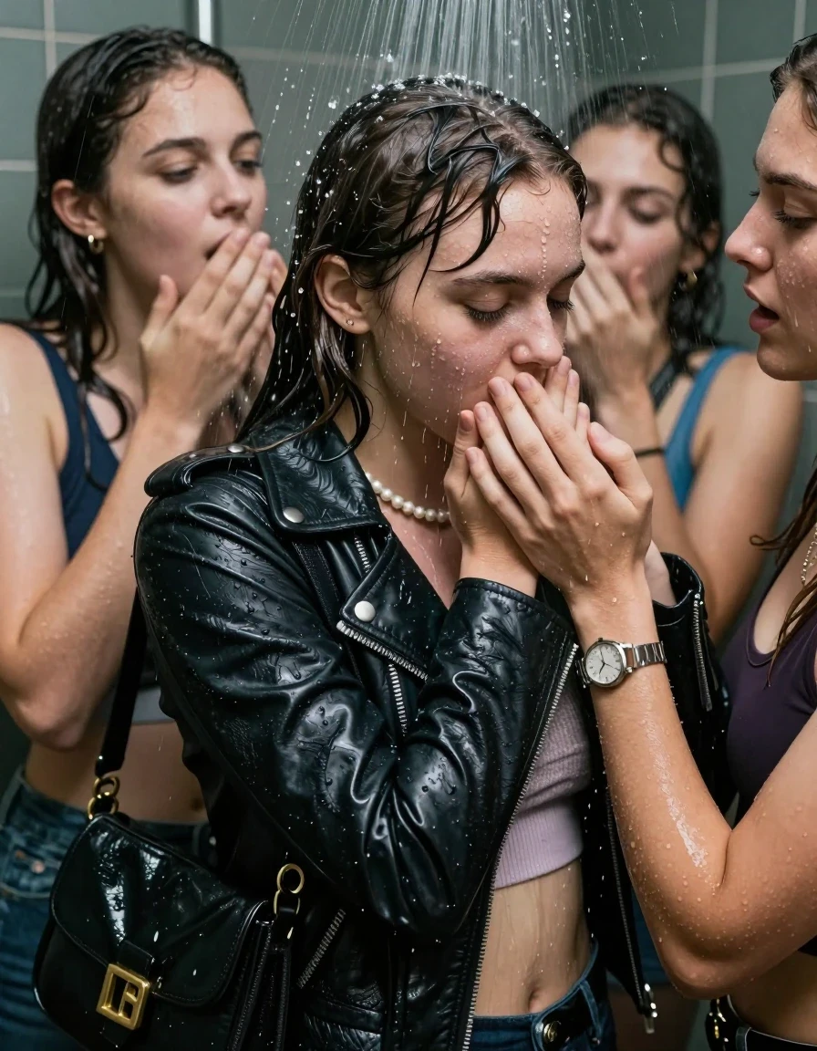 photo of young woman, in soaking wet, drenched clothes,
, , Biker leatherjacket, sweater belly free, shoulderbag, pearl necklace, bracelet, wristwatch, Orgasm Under the shower, strong jet of water, party room, 
enjoying, wet clothes stuck to body,
detailed textures of the wet clothes, wet face, wet plastered hair,
wet, drenched, professional, high-quality details, full body view.
sharp focus, ultra-high pixel detail, realistic, high-quality, full colors, incredibly detailed, 4k, 8k, 16k, hyper-realistic, RAW photo, masterpiece, ultra-detailed, professionally color graded, professional photograph, Sleek long ponytail with bangs

 15 years old  school girl and her female  friends

Only head and shoulders are over the surface visible. Looking down to the side.  closed eyes . Her mouth is covered by her friends Hand. hugs her friend.

The girls wear different clothes. All girls have an orgasm. 

she is completely underwater up to her neck, horny and orgasmic  Strenuous expression. 

her clothing is soaking wet and clinging tightly to her skin, showing heavy wet folds, darkened fabric texture, and deep water-saturated Patches, her clothes are heavy from the water, water runs from her body and her clothes in streams. A lot of water also runs out of her clothes. Her clothes are darkened by the water. Her submerged clothes are good visible under the water.  she soaked her handbag into the water.

close up view, wet skin, wet clothes, wet hair, damp fabric, water runs down the clothes, wet skin, wet clothes, damp fabric. cinematic medium shot, hyper-realistic wetness, high-contrast water sheen, sharp focus, 16k resolution, professional photography, realistic water physics., wet skin, wet clothes, damp fabric, wet skin, wet clothes, damp fabric, wet skin, wet clothes, damp fabric, wet skin, wet clothes, damp fabric, wet skin, wet clothes, damp fabric, wet skin, wet clothes, damp fabric, wet skin, wet clothes, damp fabric, wet skin, wet clothes, damp fabric